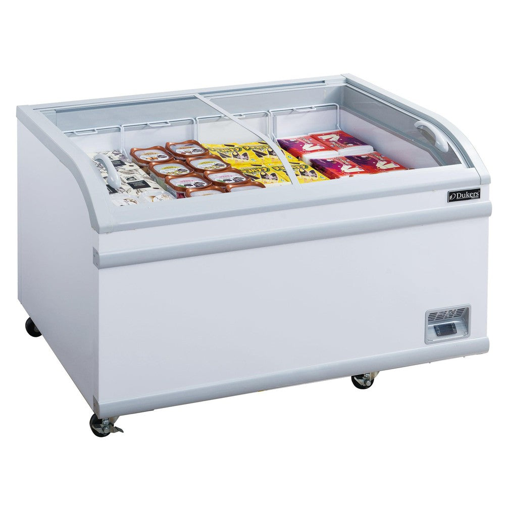 Display frozen treats with glass-top ice cream merchandisers that combine visual appeal and product accessibility.
