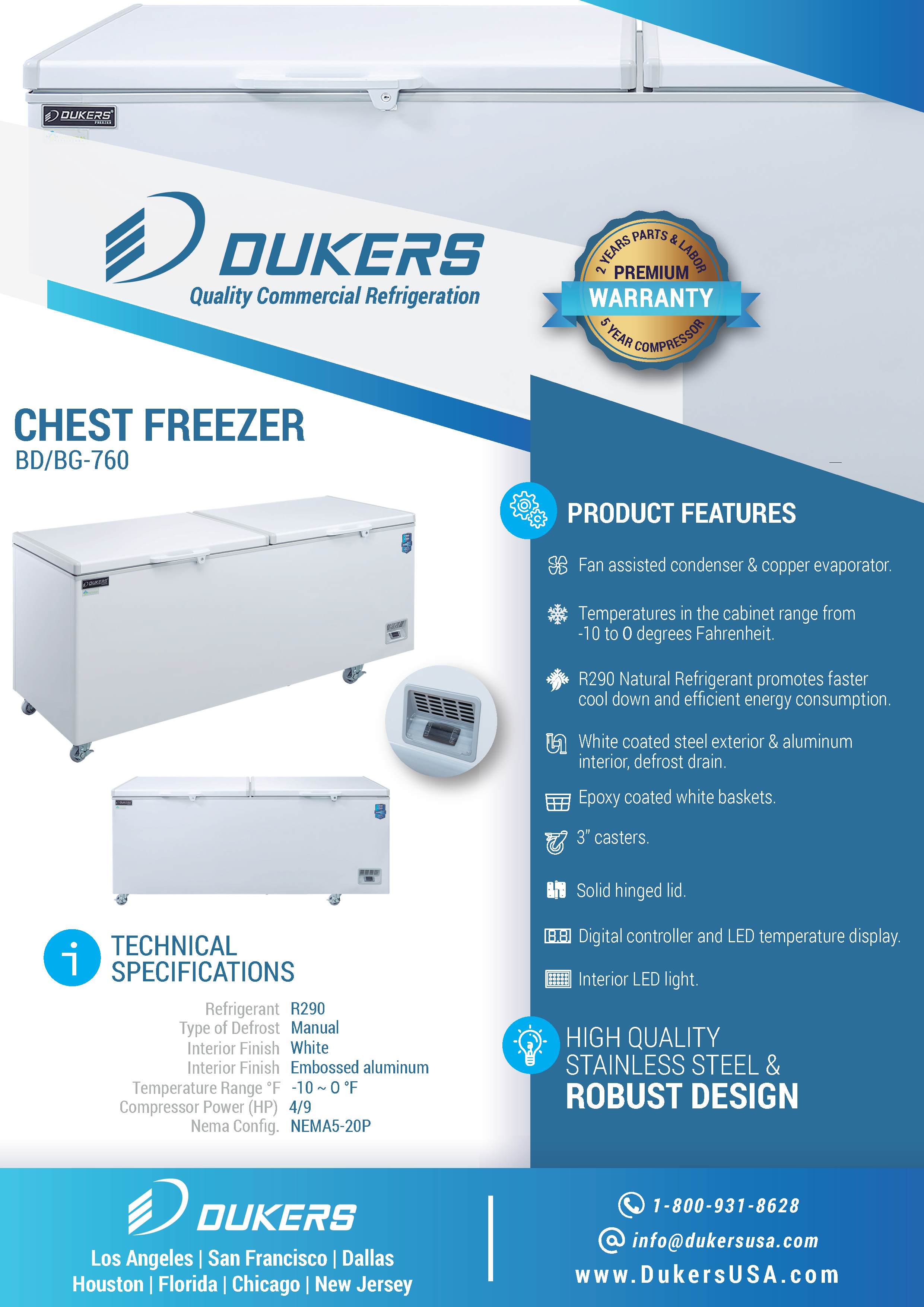 Dukers BD/BG-760 84"W Chest Freezer with 2 Solid Lids