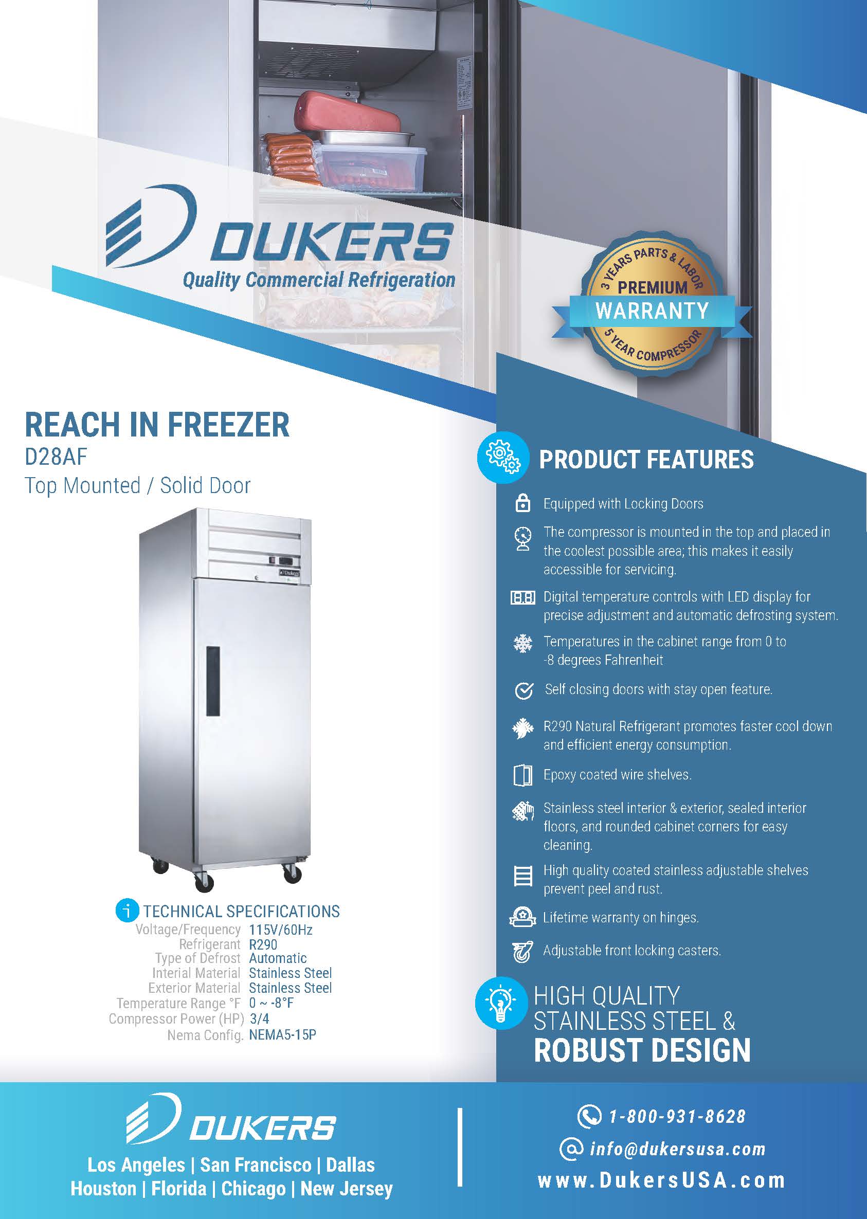 Dukers D28AF 27-1/2"W Single Solid Door Top Mount Reach-In Freezer