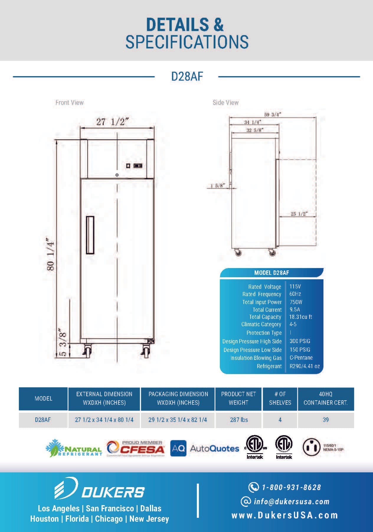 Dukers D28AF 27-1/2"W Single Solid Door Top Mount Reach-In Freezer
