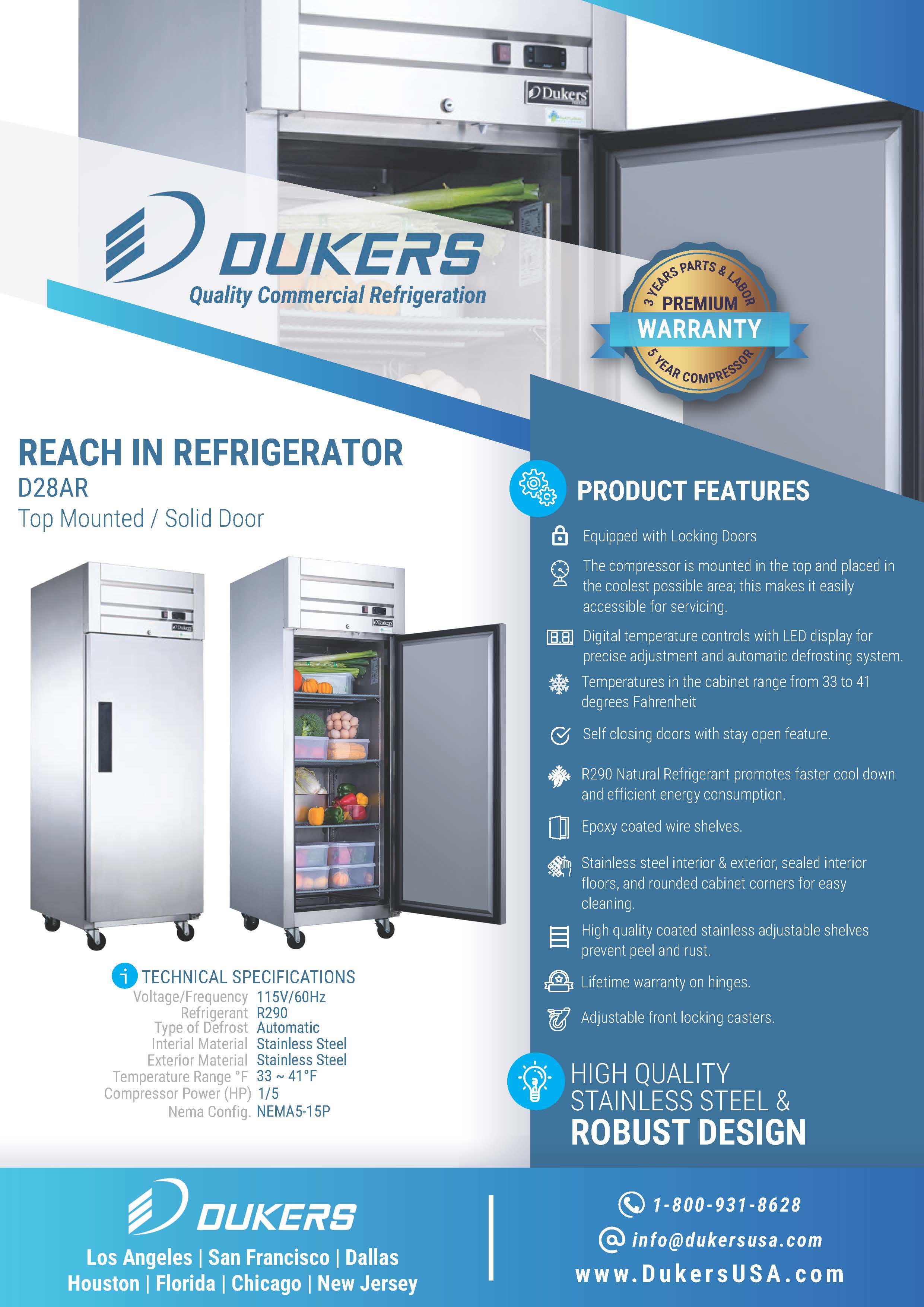 Dukers D28AR 27-1/2"W Single Solid Door Top Mount Reach-In Refrigerator