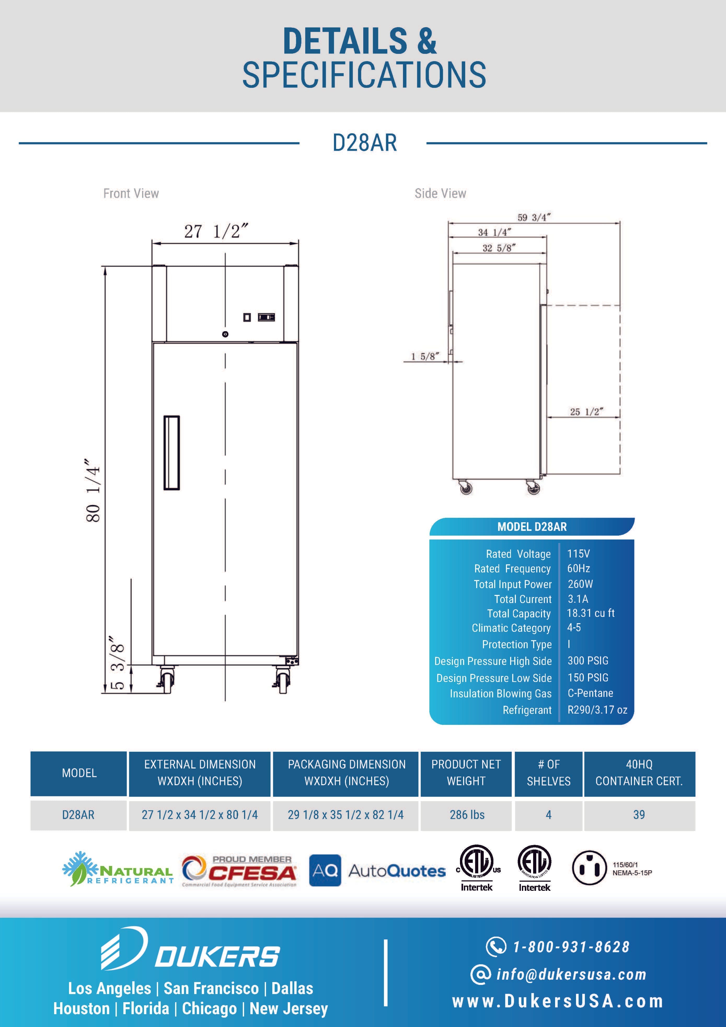 Dukers D28AR 27-1/2"W Single Solid Door Top Mount Reach-In Refrigerator