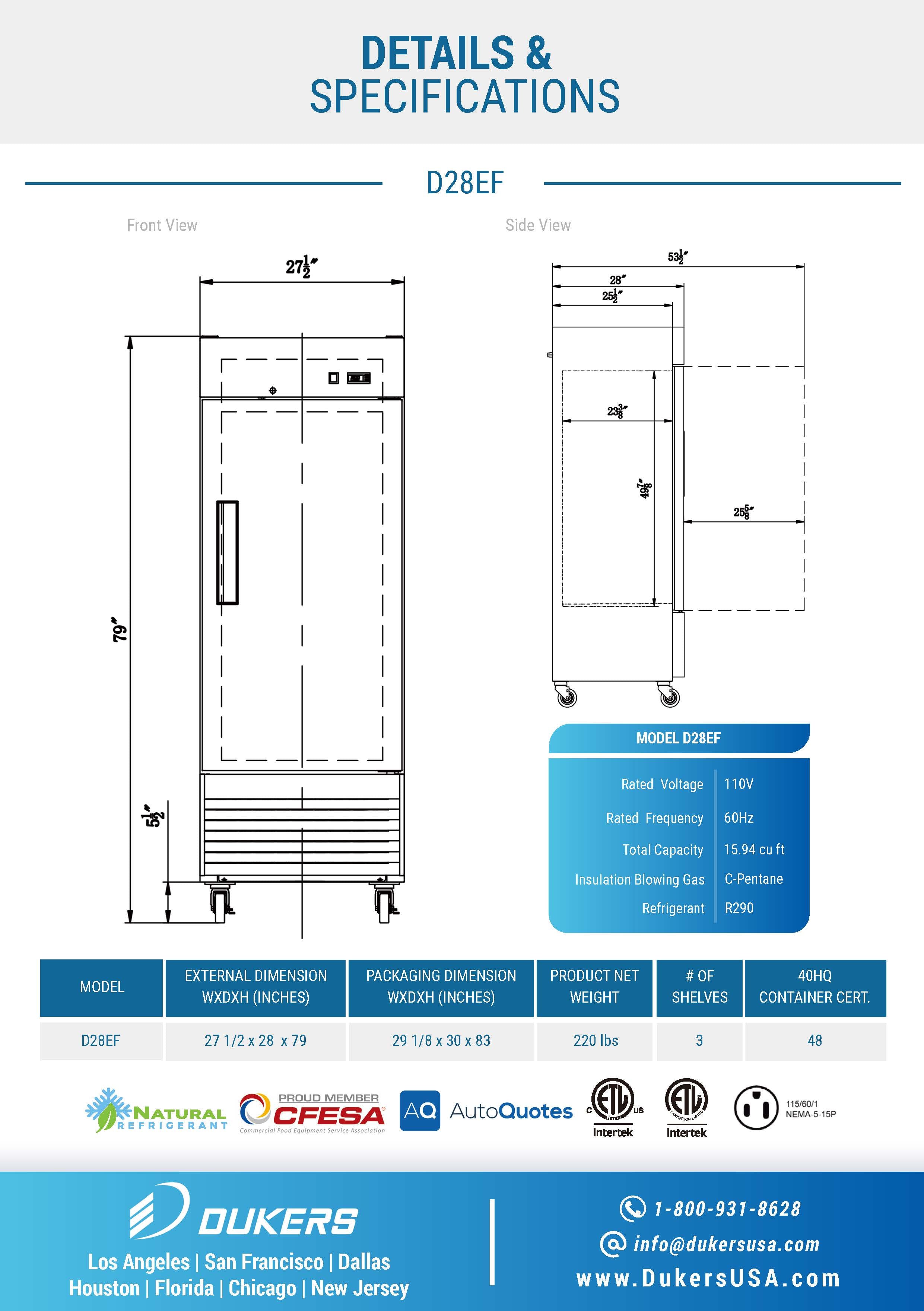 Dukers D28EF 27-1/2"W Compact Single Solid Door Bottom Mount Reach-In Freezer