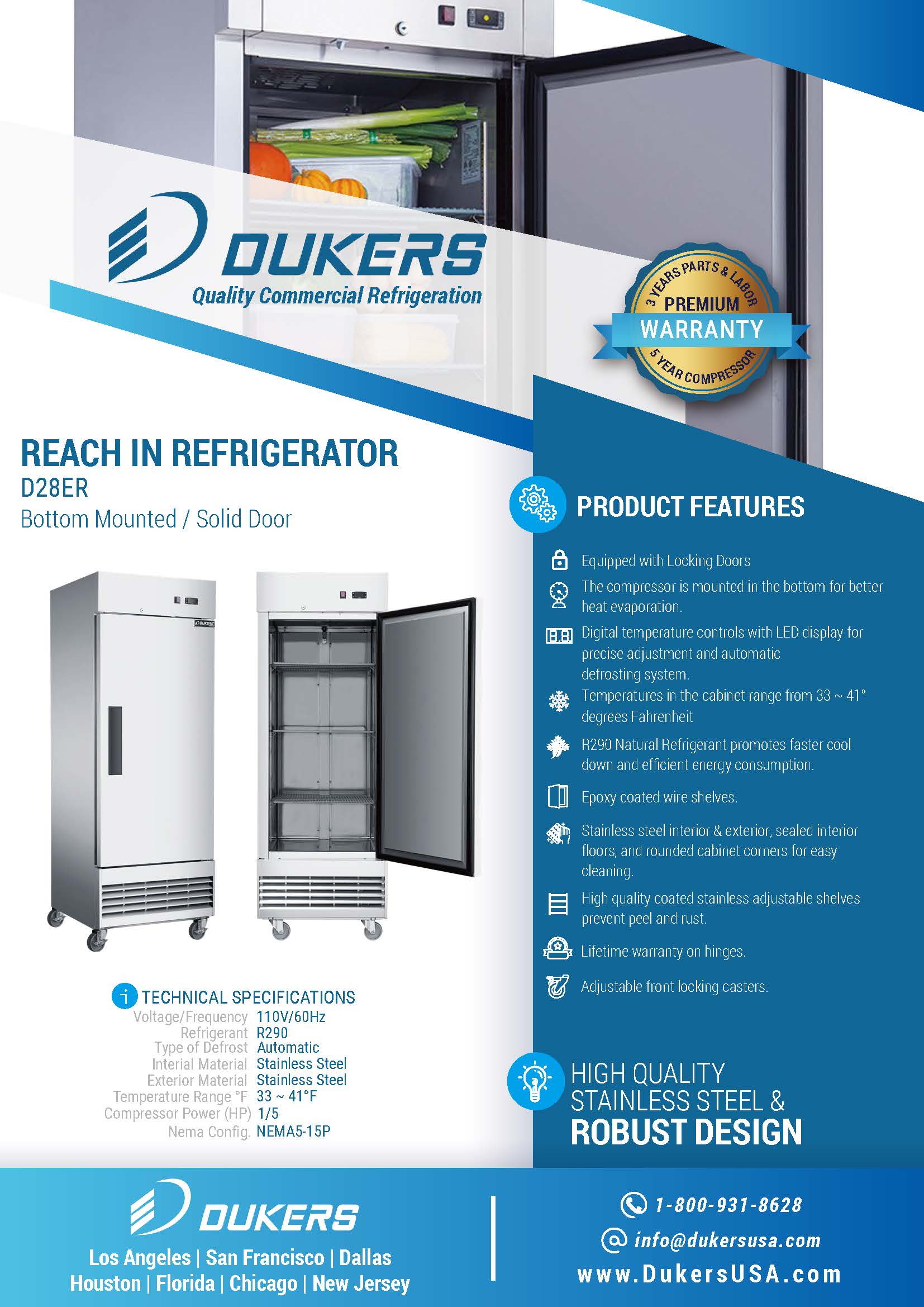 Dukers D28ER 27-1/2"W Compact Single Solid Door Bottom Mount Reach-In Refrigerator