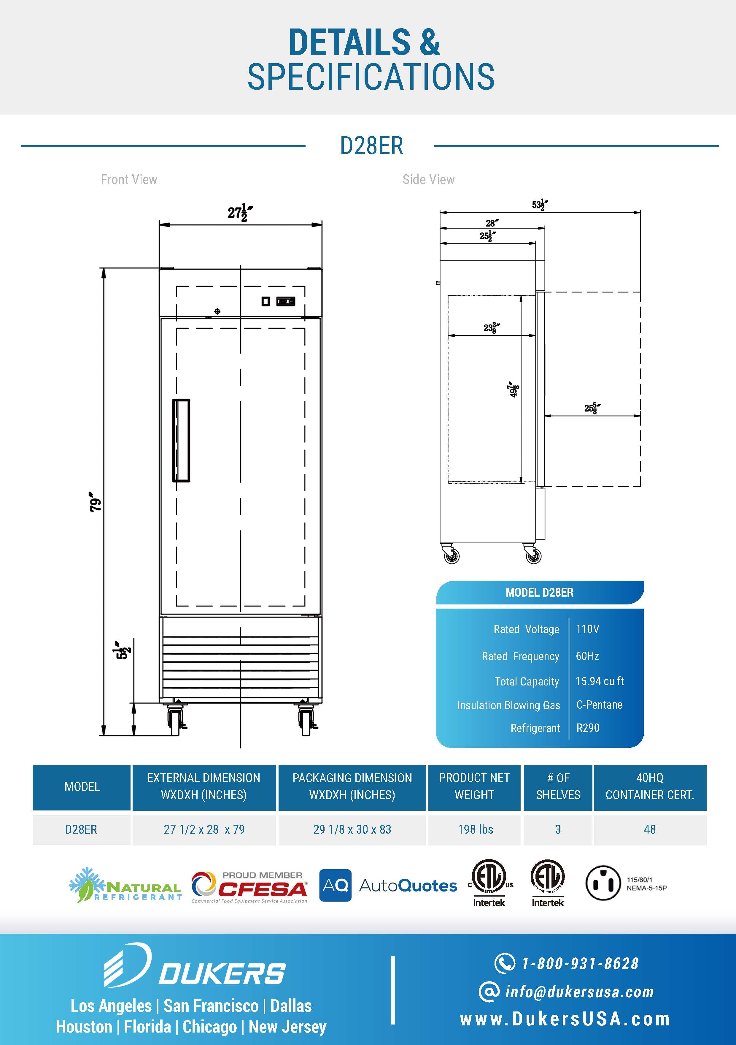 Dukers D28ER 27-1/2"W Compact Single Solid Door Bottom Mount Reach-In Refrigerator
