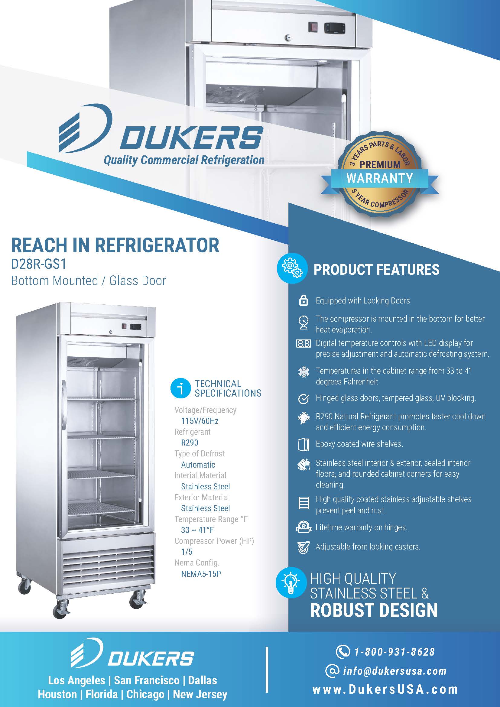 Dukers D28R-GS1 27-1/2"W Single Glass Door Bottom Mount Reach-In Refrigerator