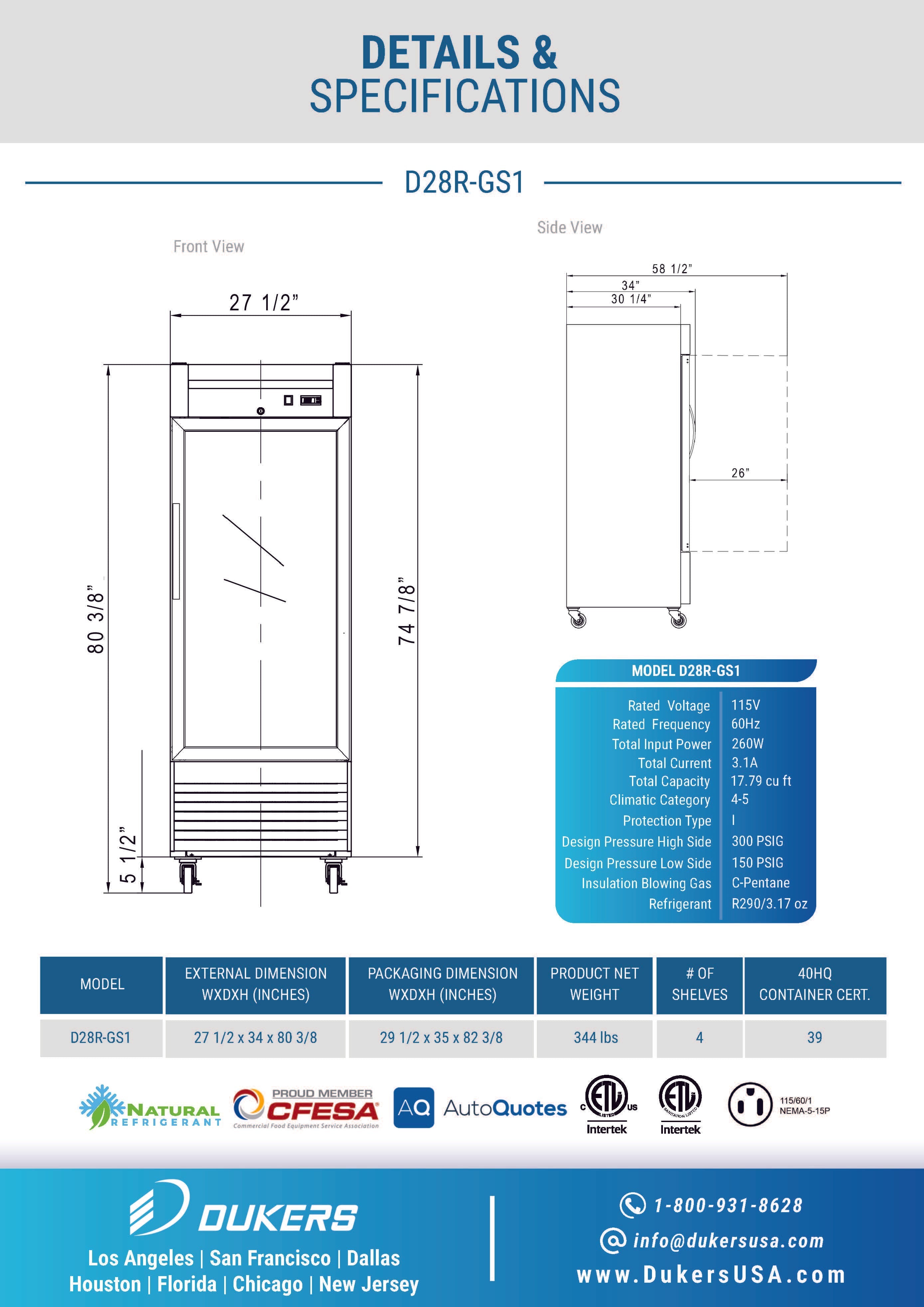 Dukers D28R-GS1 27-1/2"W Single Glass Door Bottom Mount Reach-In Refrigerator