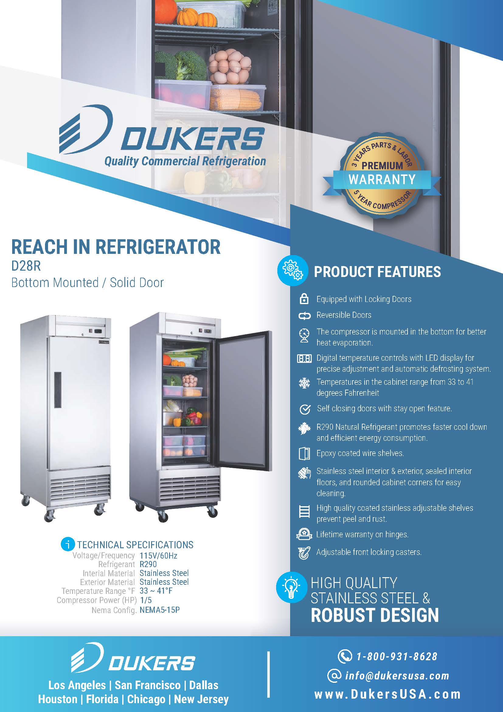 Dukers D28R 27-1/2"W Single Solid Door Bottom Mount Reach-In Refrigerator
