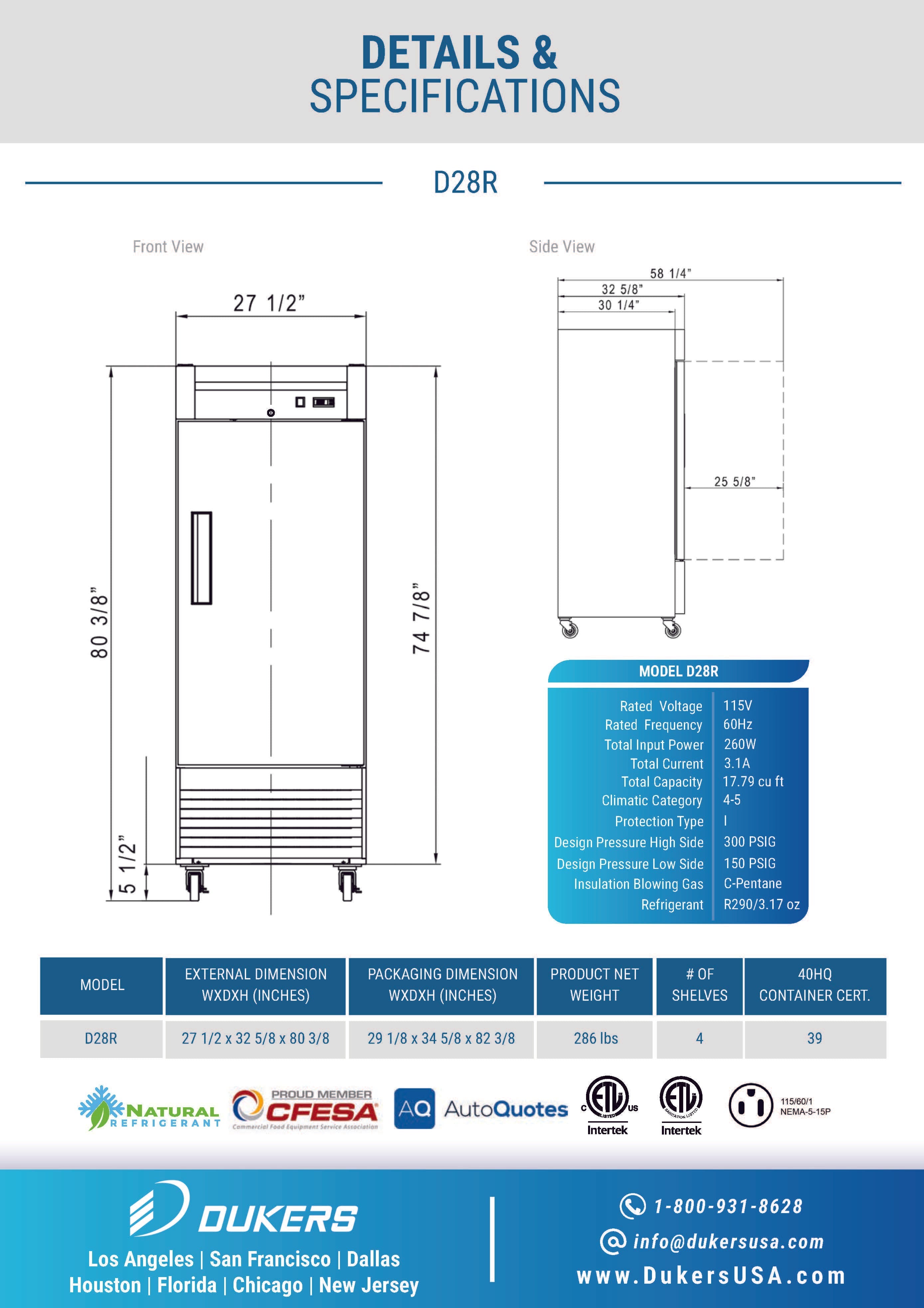 Dukers D28R 27-1/2"W Single Solid Door Bottom Mount Reach-In Refrigerator