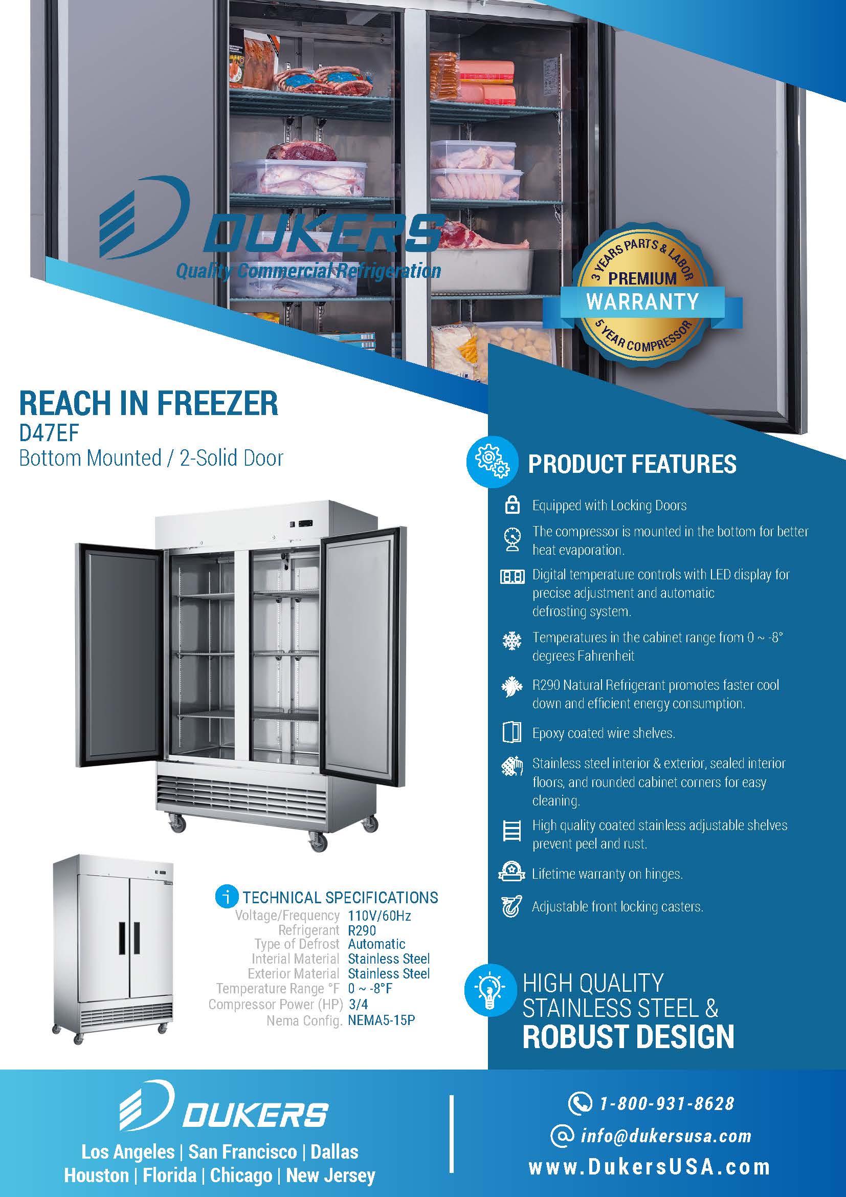 Dukers D47EF 47-1/4"W Compact 2 Solid Door Bottom Mount Reach-In Freezer