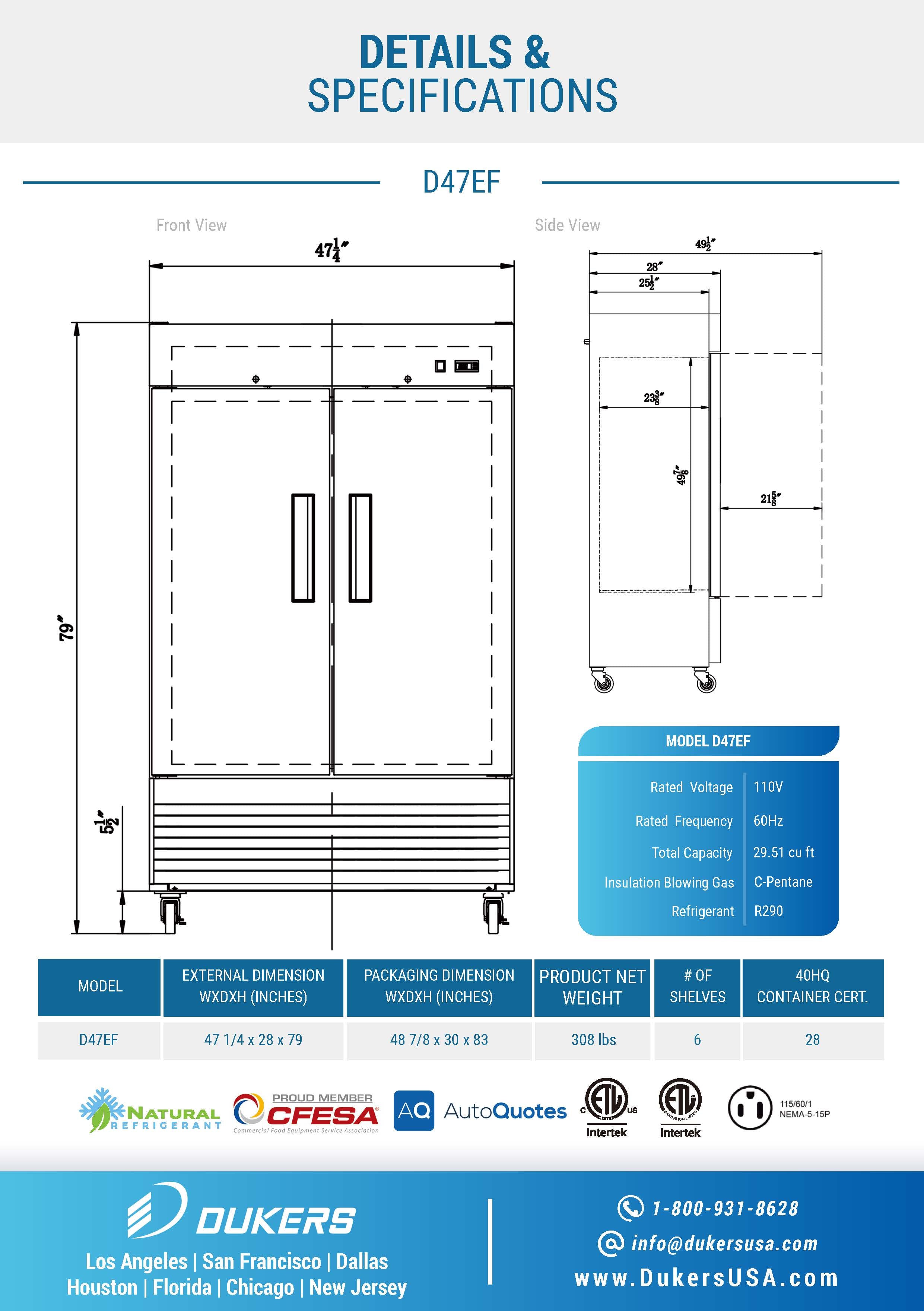 Dukers D47EF 47-1/4"W Compact 2 Solid Door Bottom Mount Reach-In Freezer