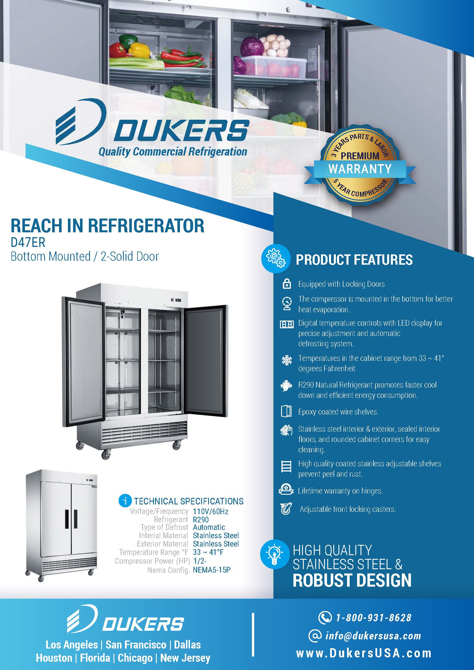 Dukers D47ER 47-1/4"W Compact 2 Solid Door Bottom Mount Reach-In Refrigerator