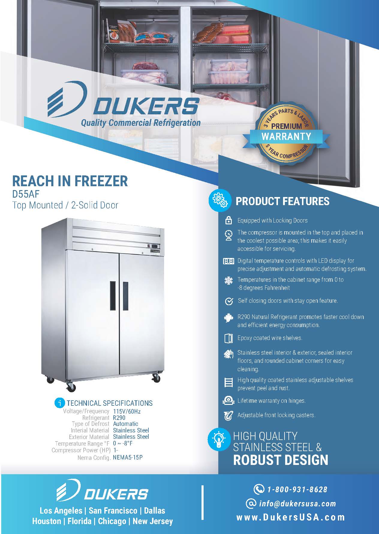 Dukers D55AF 55-1/8"W 2 Solid Door Top Mount Reach-In Freezer
