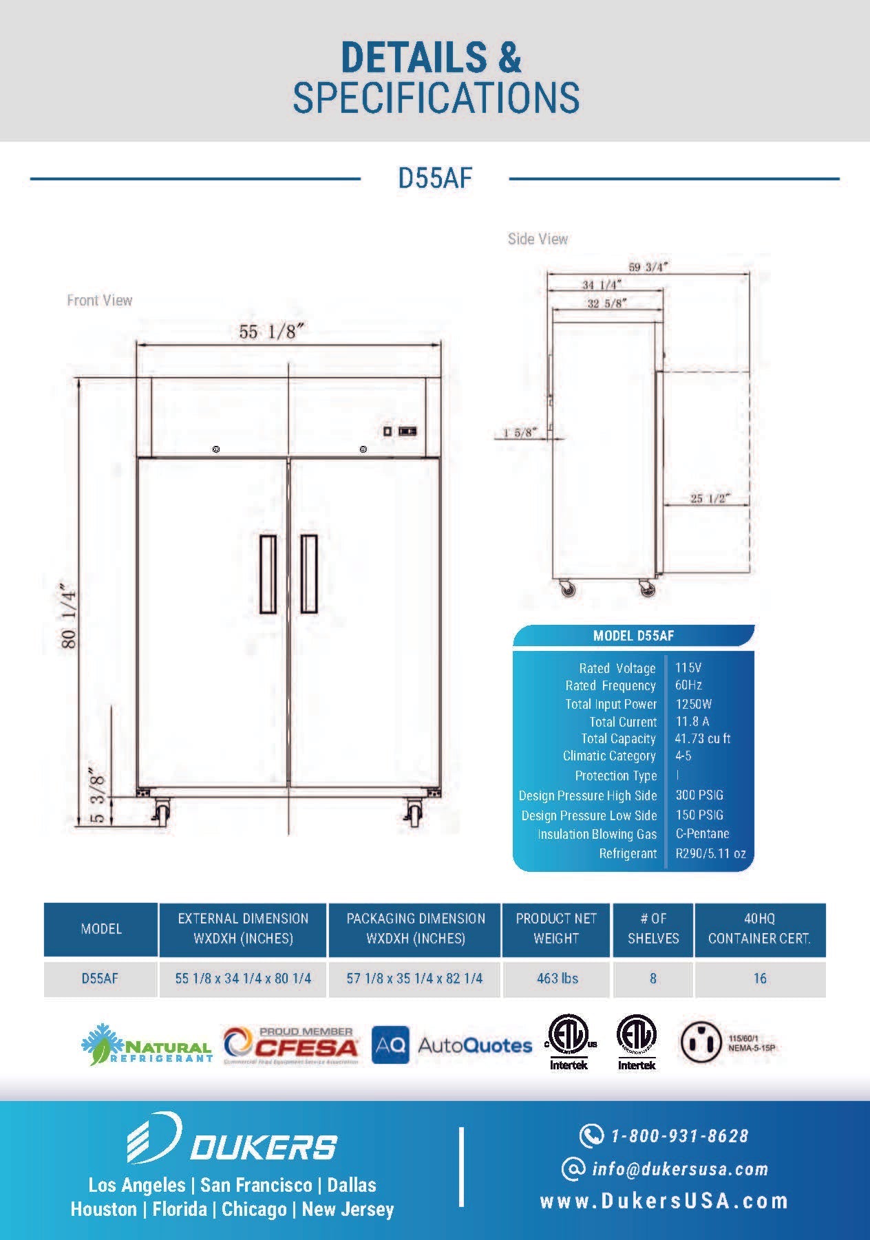 Dukers D55AF 55-1/8"W 2 Solid Door Top Mount Reach-In Freezer