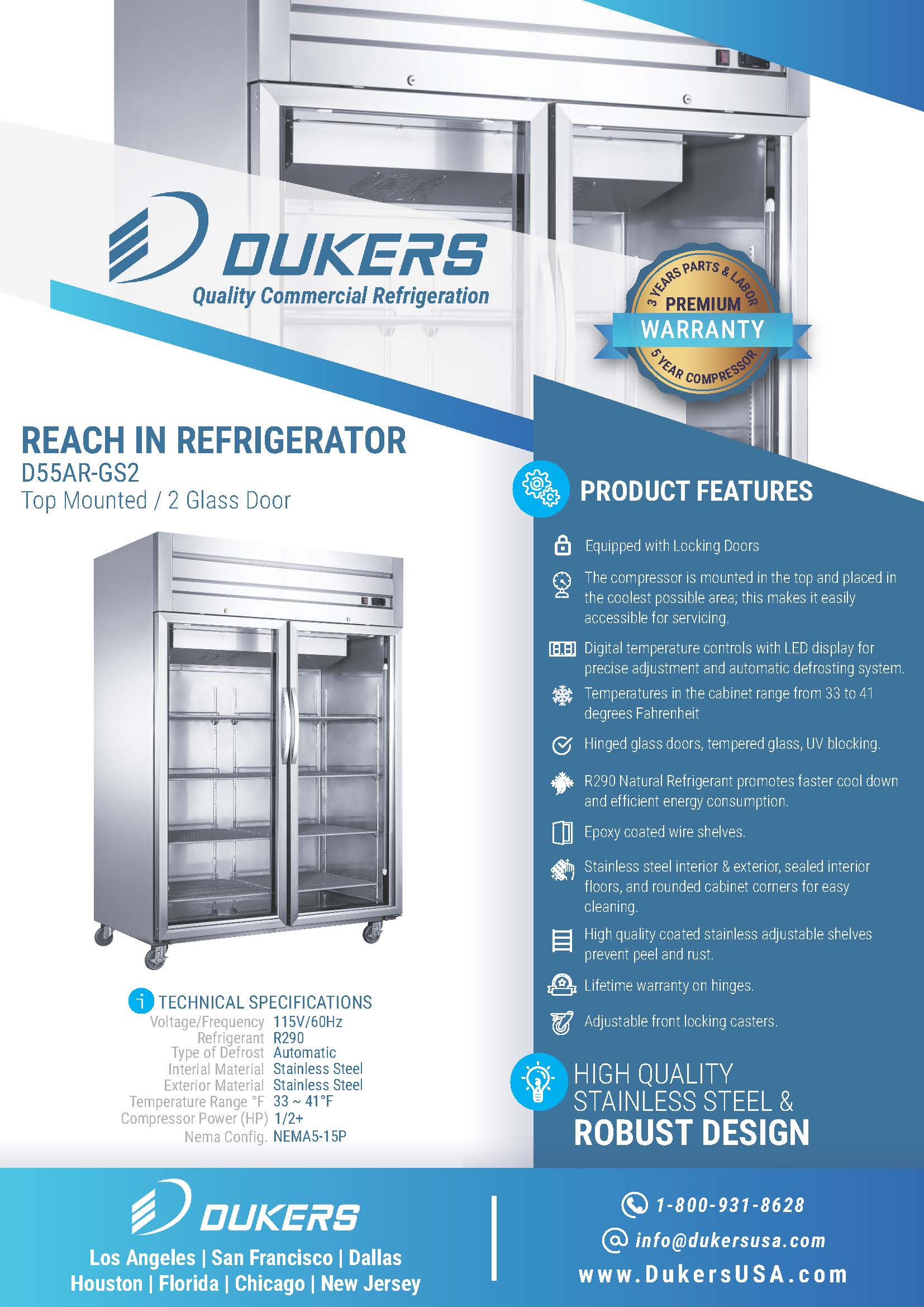 Dukers D55AR-GS2 55-1/8"W 2 Glass Door Top Mount Reach-In Refrigerator