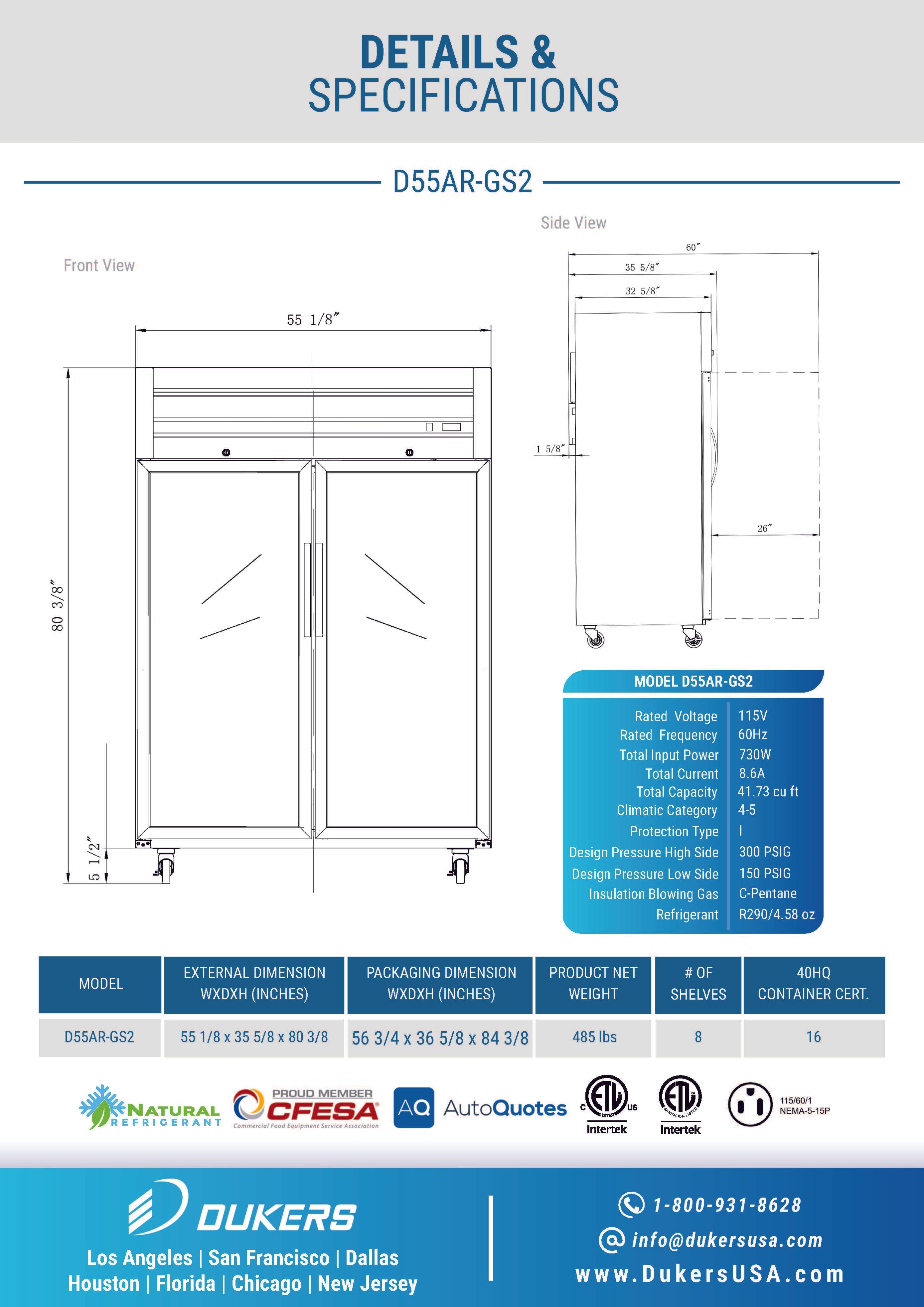 Dukers D55AR-GS2 55-1/8"W 2 Glass Door Top Mount Reach-In Refrigerator