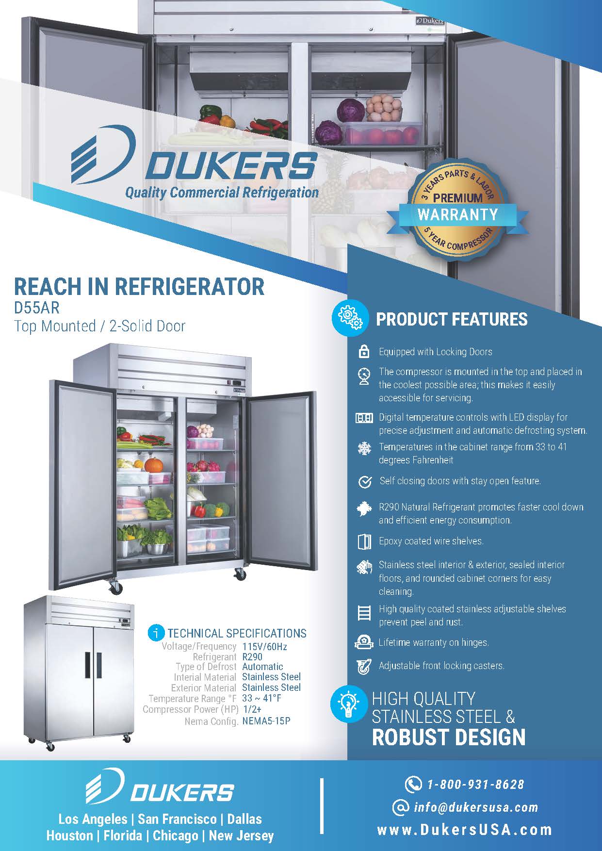 Dukers D55AR 55-1/8"W 2 Solid Door Top Mount Reach-In Refrigerator