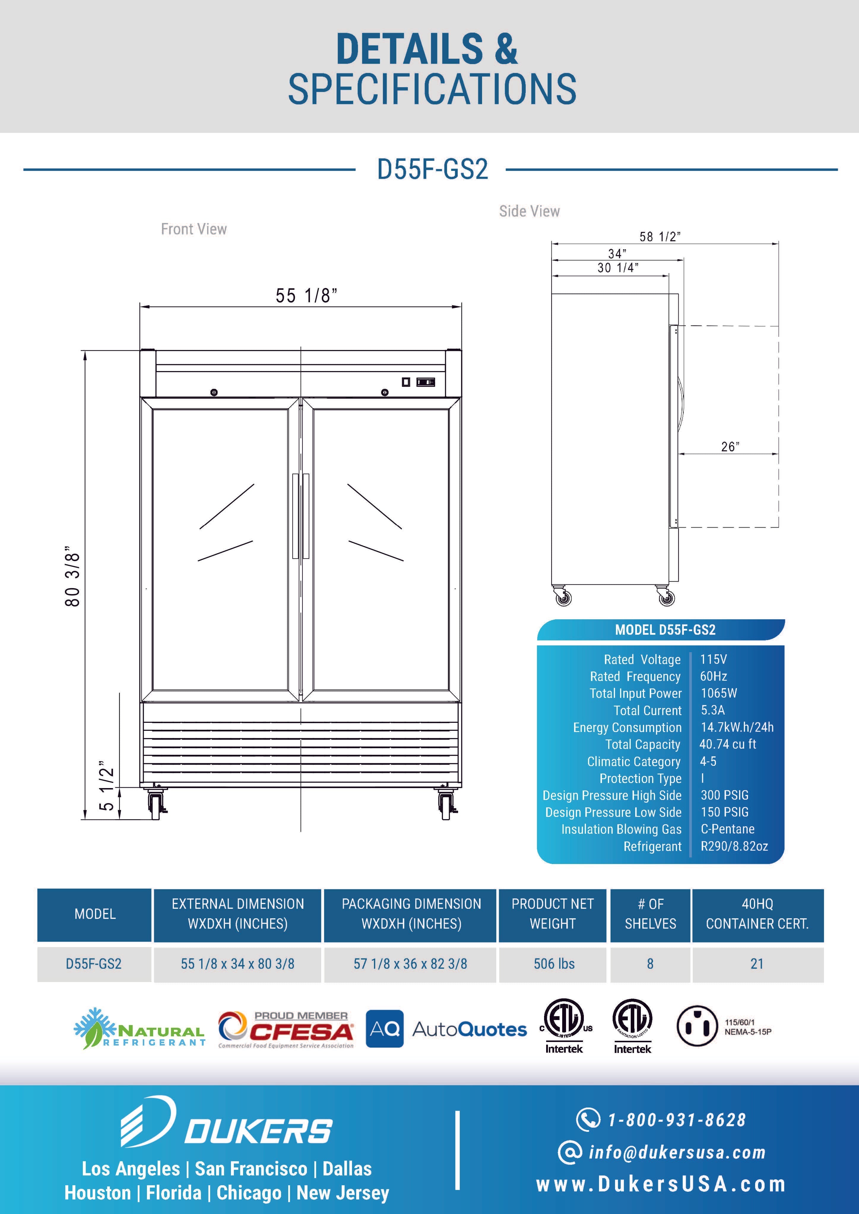 Dukers D55F-GS2 55-1/8"W 2 Glass Door Bottom Mount Reach-In Freezer