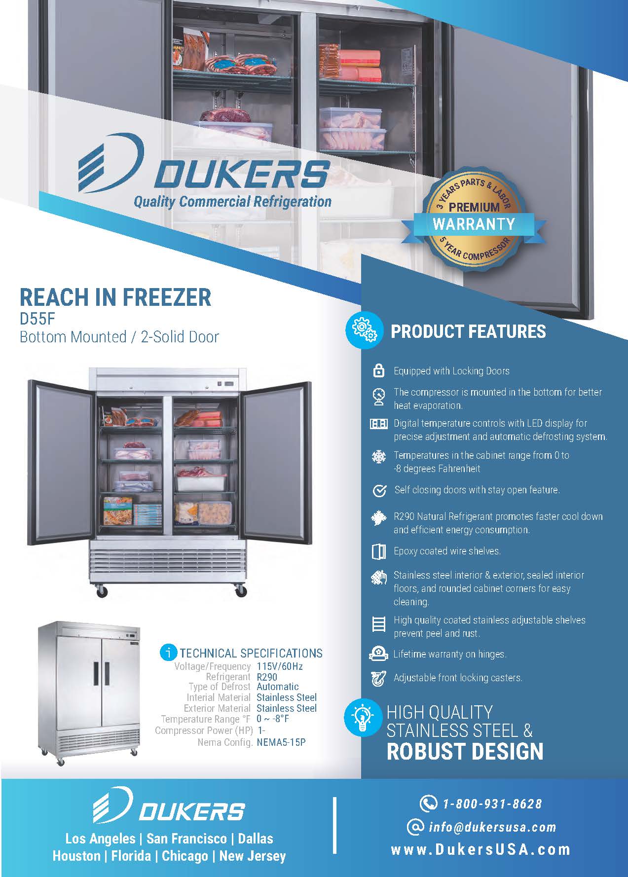 Dukers D55F 55-1/8"W 2 Solid Door Bottom Mount Reach-In Freezer