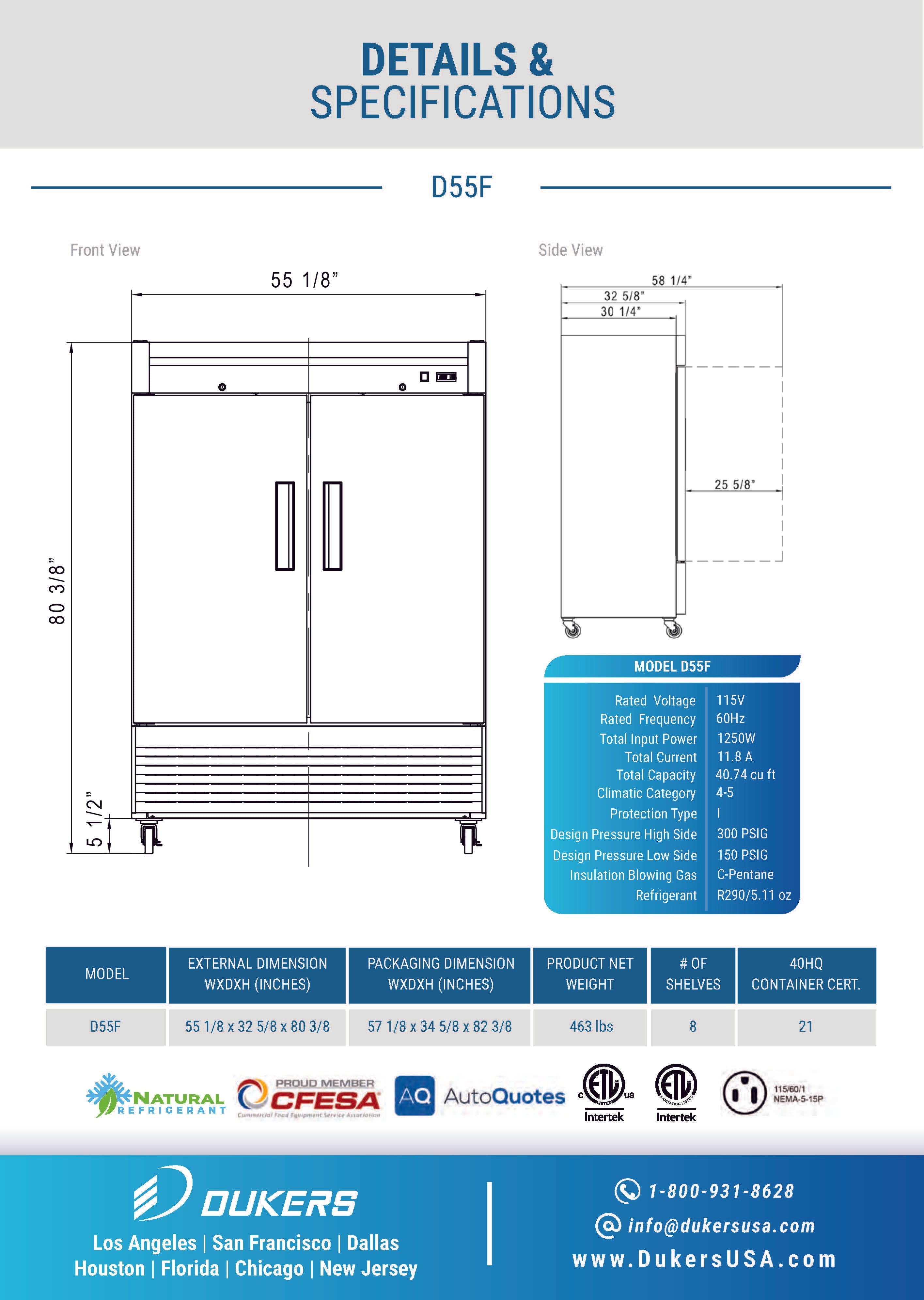 Dukers D55F 55-1/8"W 2 Solid Door Bottom Mount Reach-In Freezer