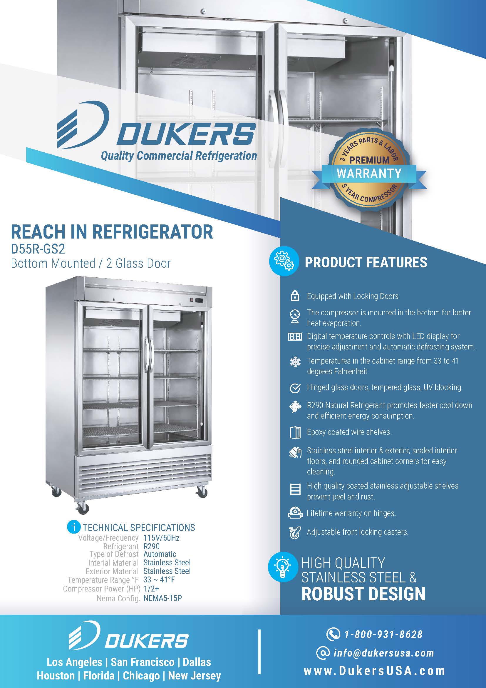 Dukers D55R-GS2 55-1/8"W 2 Glass Door Bottom Mount Reach-In Refrigerator