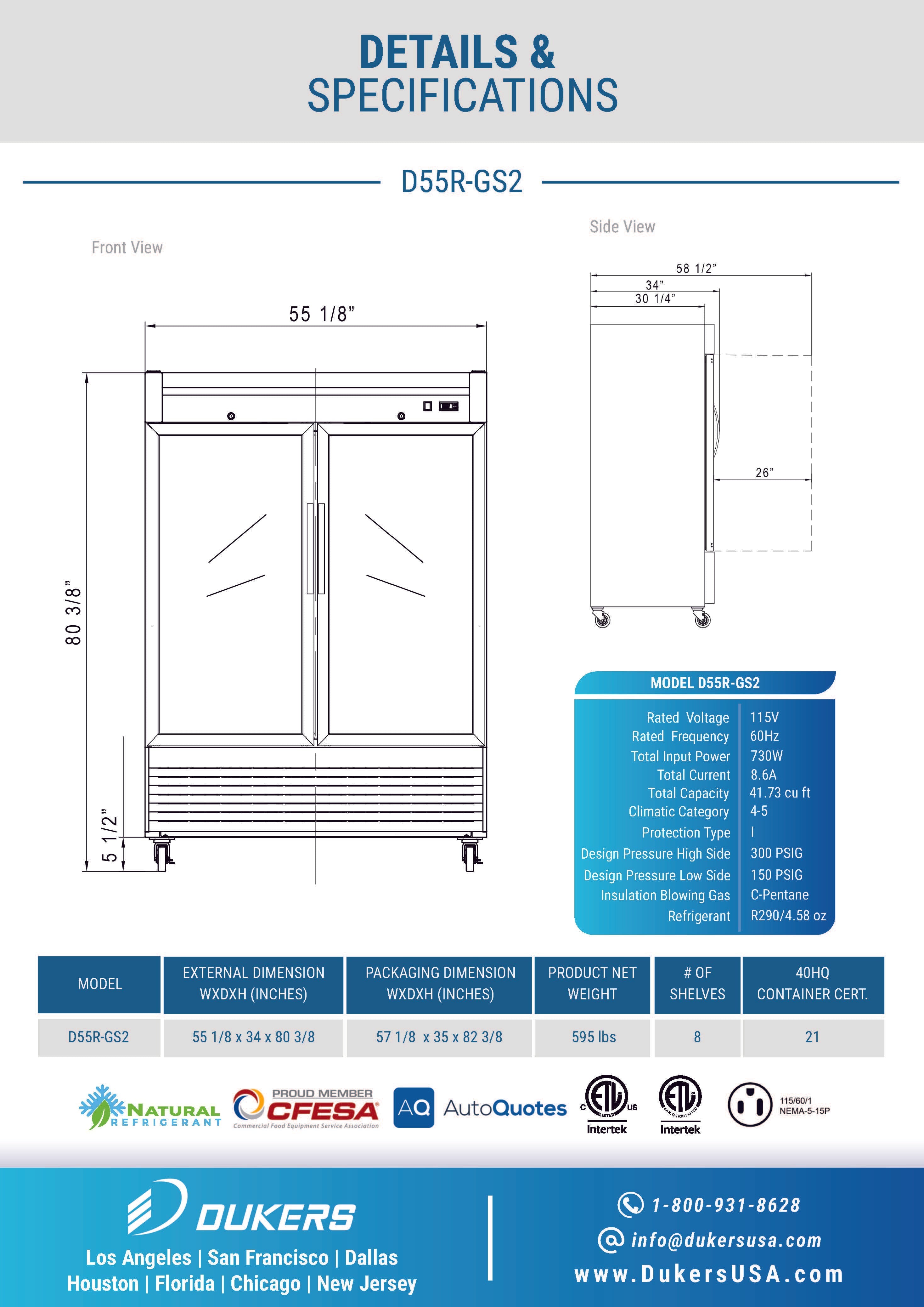 Dukers D55R-GS2 55-1/8"W 2 Glass Door Bottom Mount Reach-In Refrigerator