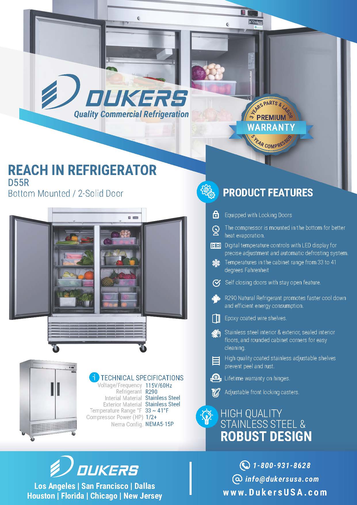 Dukers D55R 55-1/8"W 2 Solid Door Bottom Mount Reach-In Refrigerator