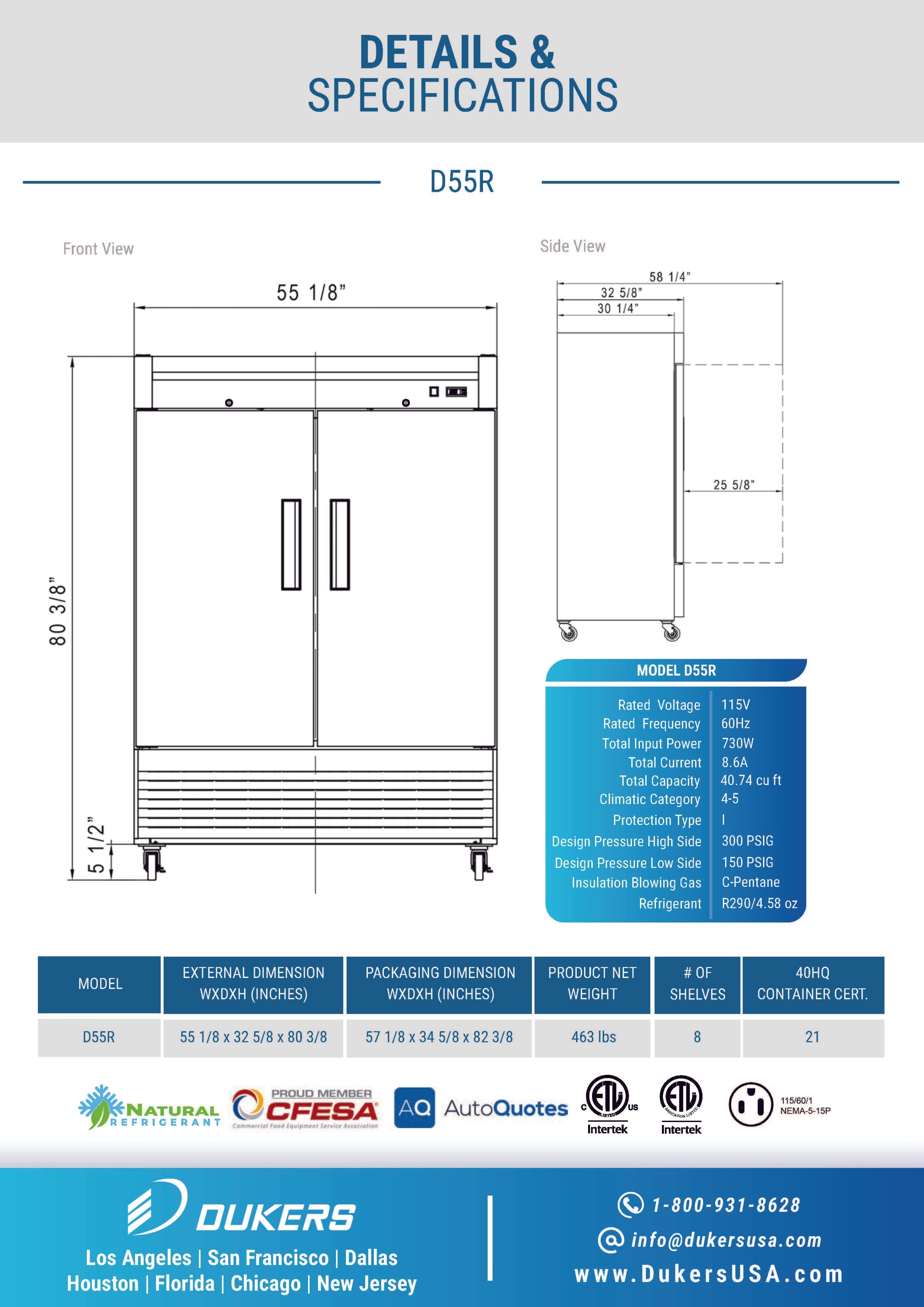 Dukers D55R 55-1/8"W 2 Solid Door Bottom Mount Reach-In Refrigerator