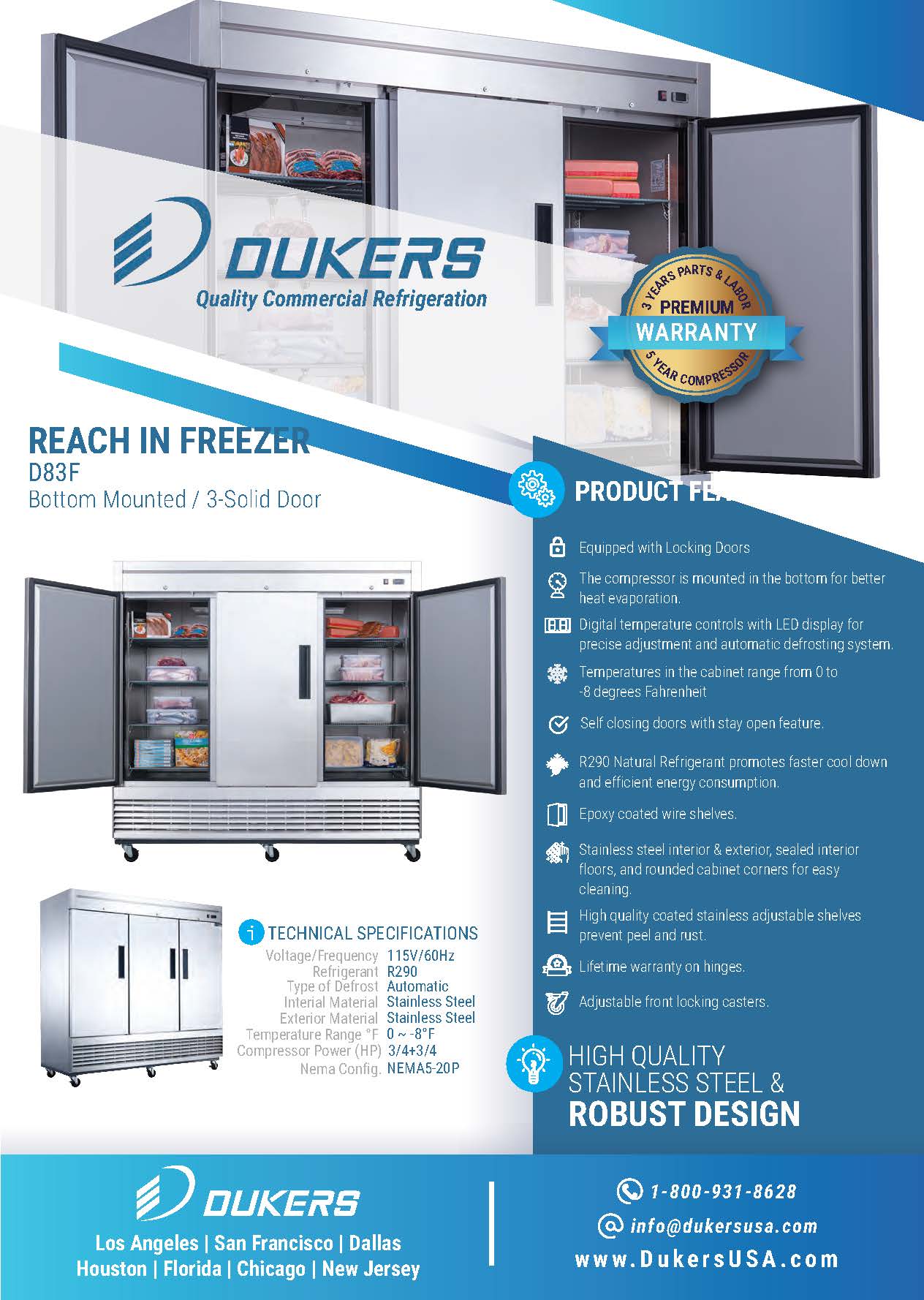 Dukers D83F 82-5/8"W 3 Solid Door Bottom Mount Reach-In Freezer