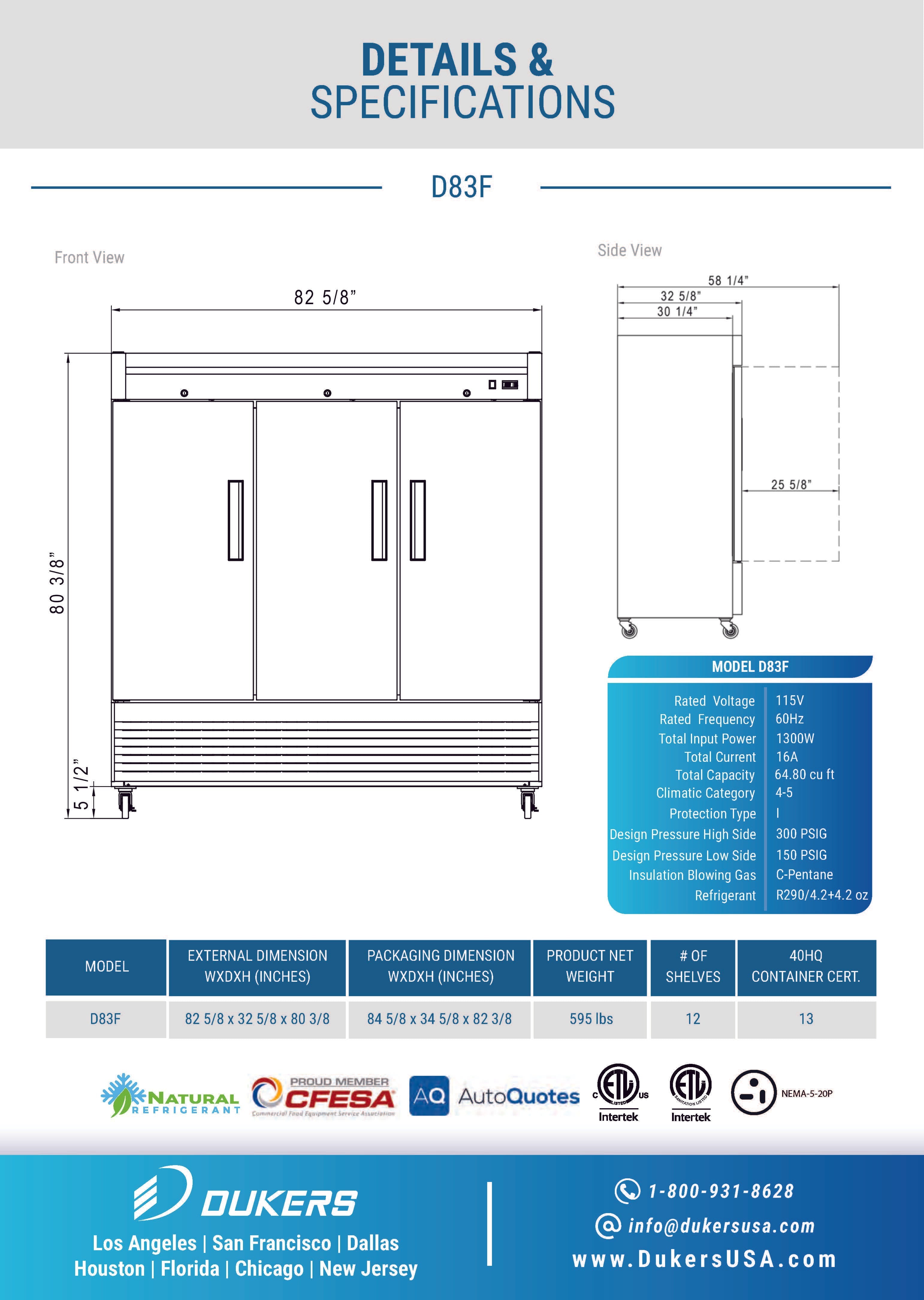 Dukers D83F 82-5/8"W 3 Solid Door Bottom Mount Reach-In Freezer