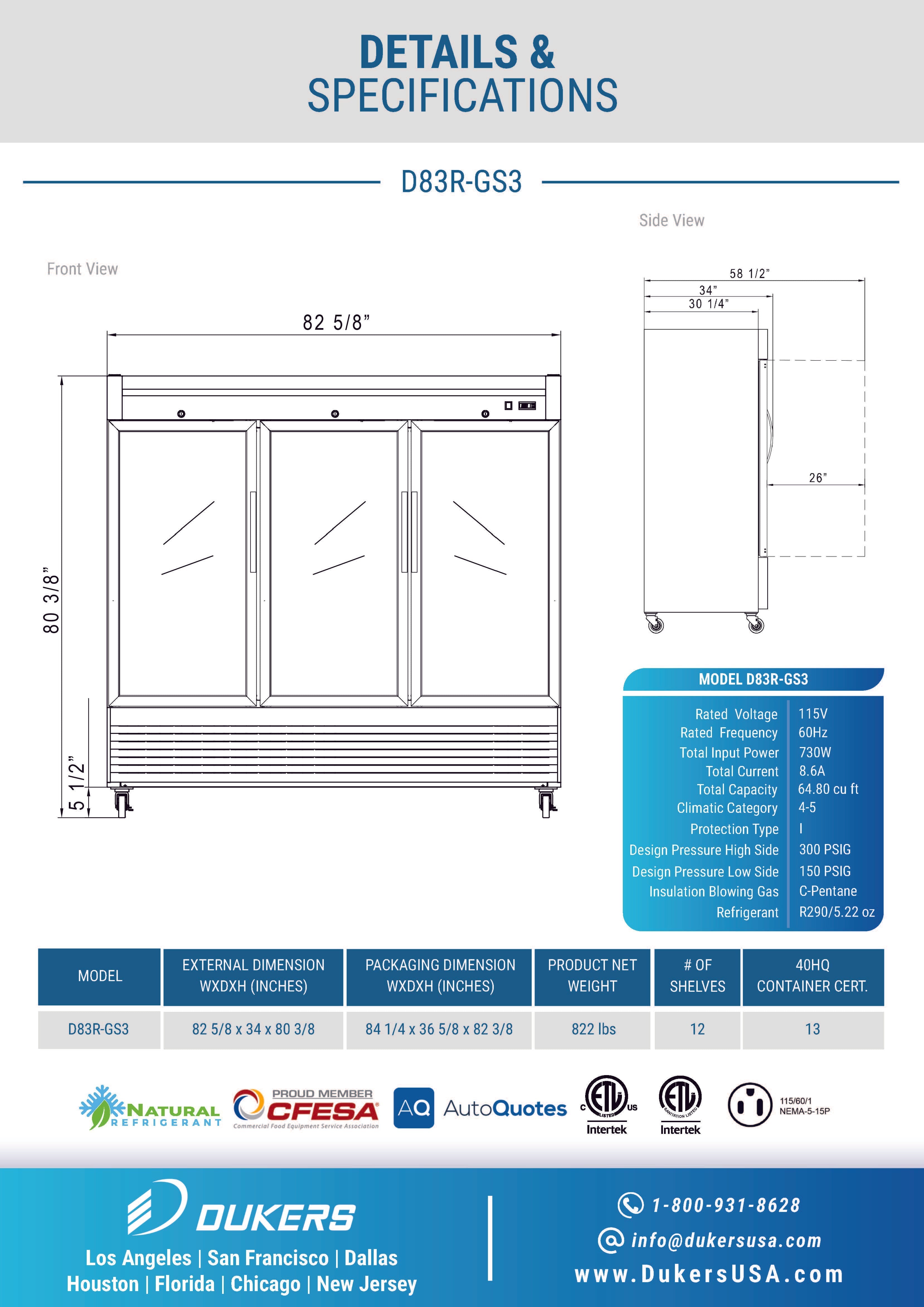 Dukers D83R-GS3 82-5/8"W 3 Glass Door Bottom Mount Reach-In Refrigerator