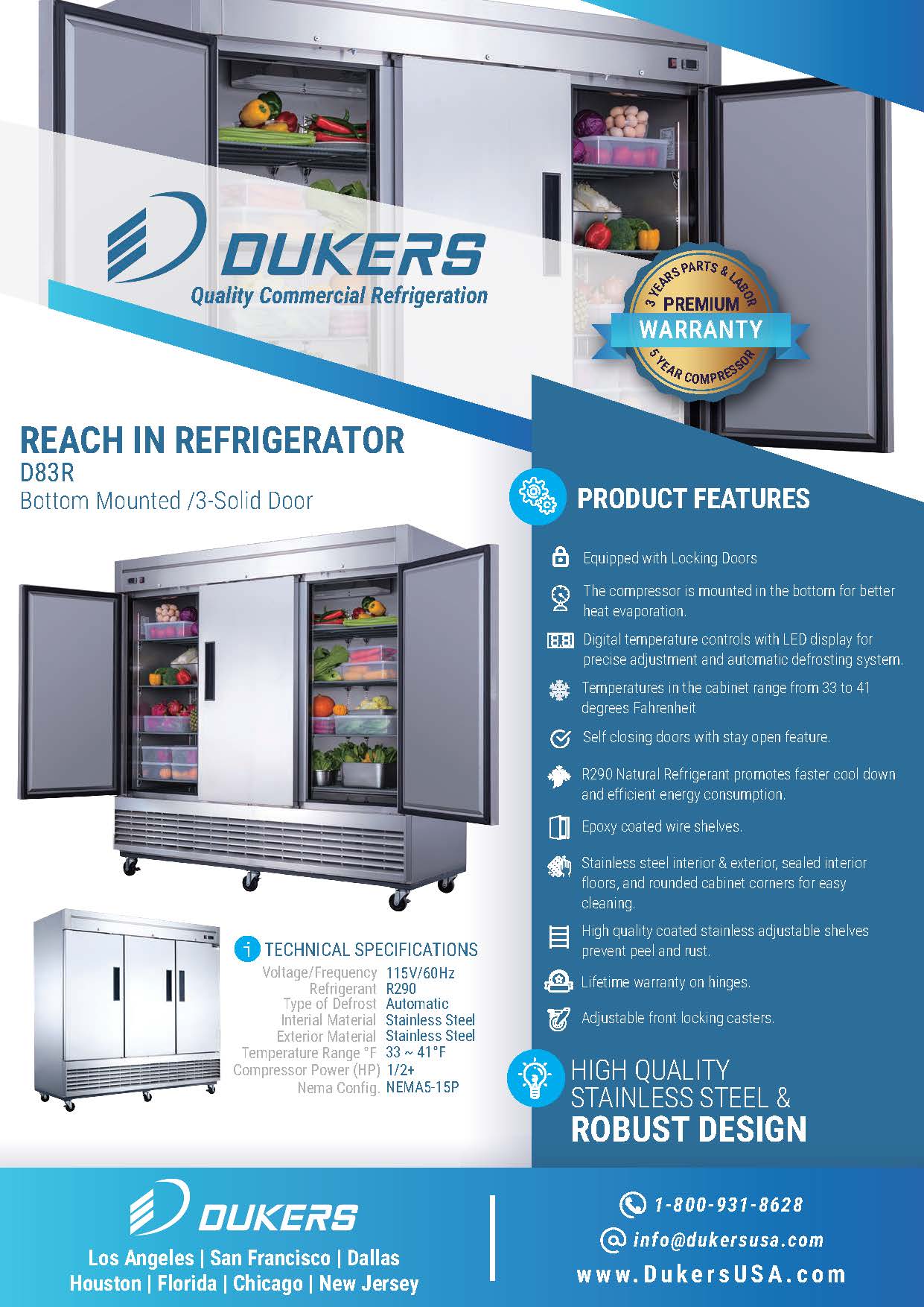 Dukers D83R 82-5/8"W 3 Solid Door Bottom Mount Reach-In Refrigerator