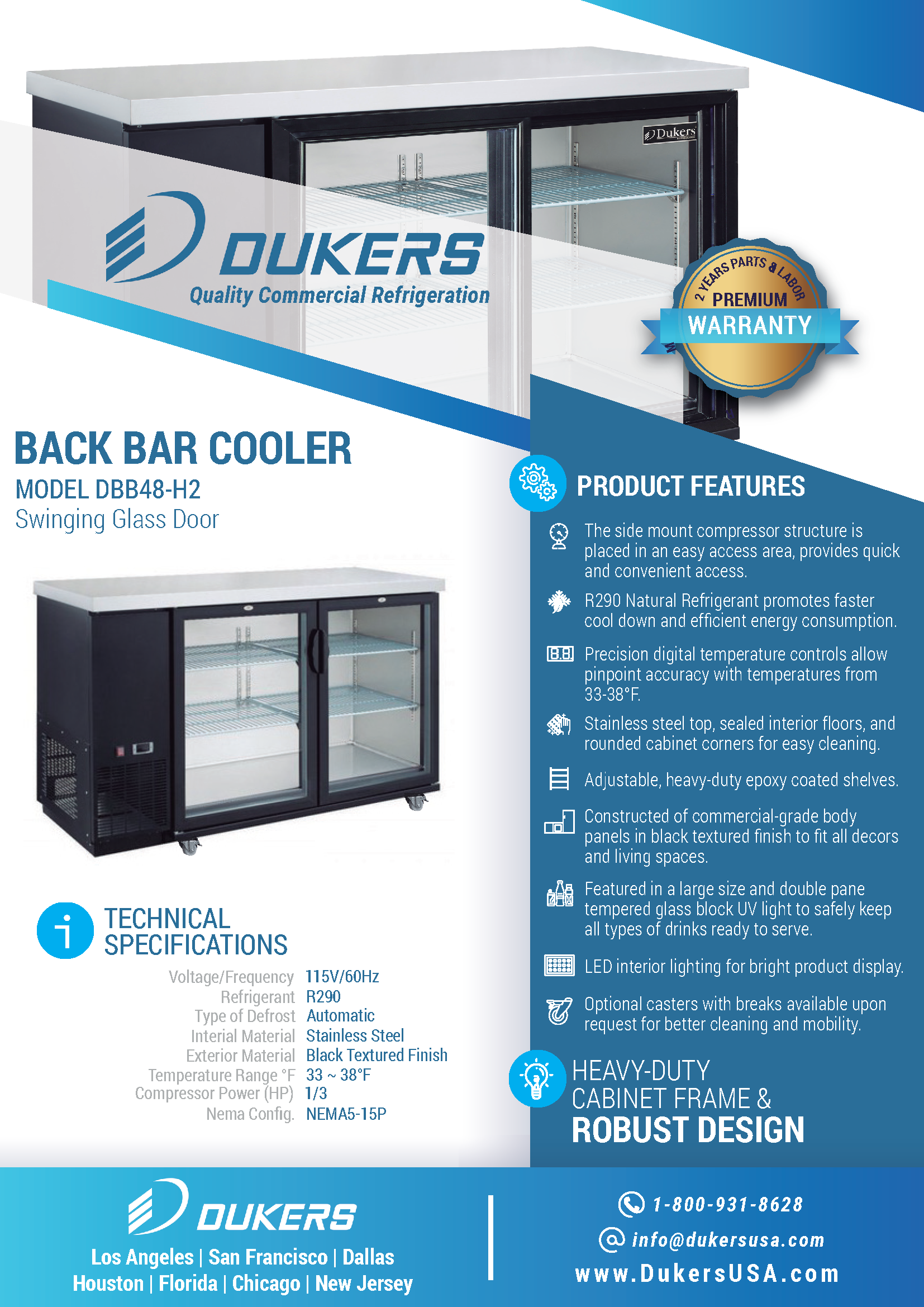 Dukers DBB48-H2 48"W 2 Door Hinged Glass Back Bar Beverage Cooler