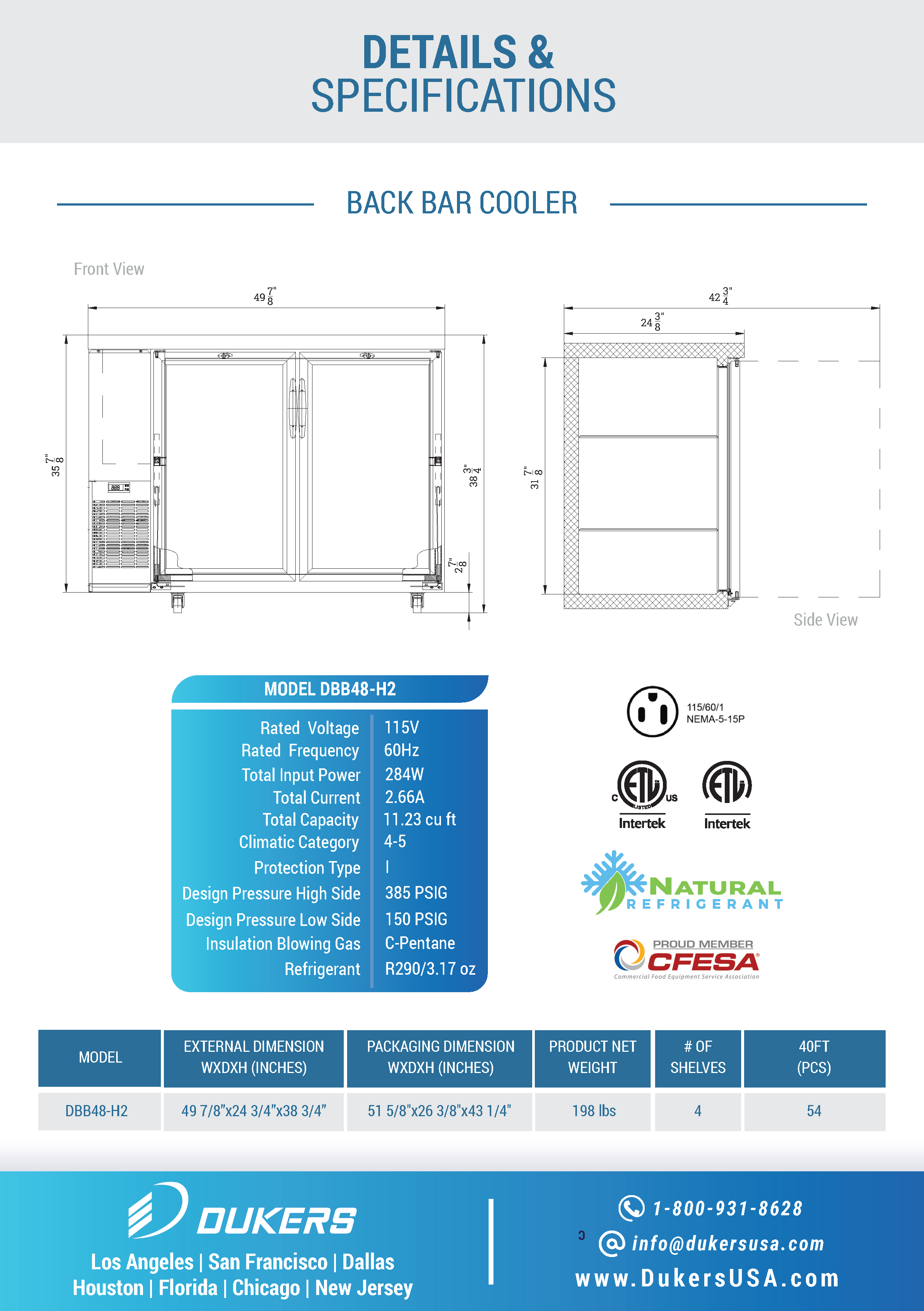 Dukers DBB48-H2 48"W 2 Door Hinged Glass Back Bar Beverage Cooler