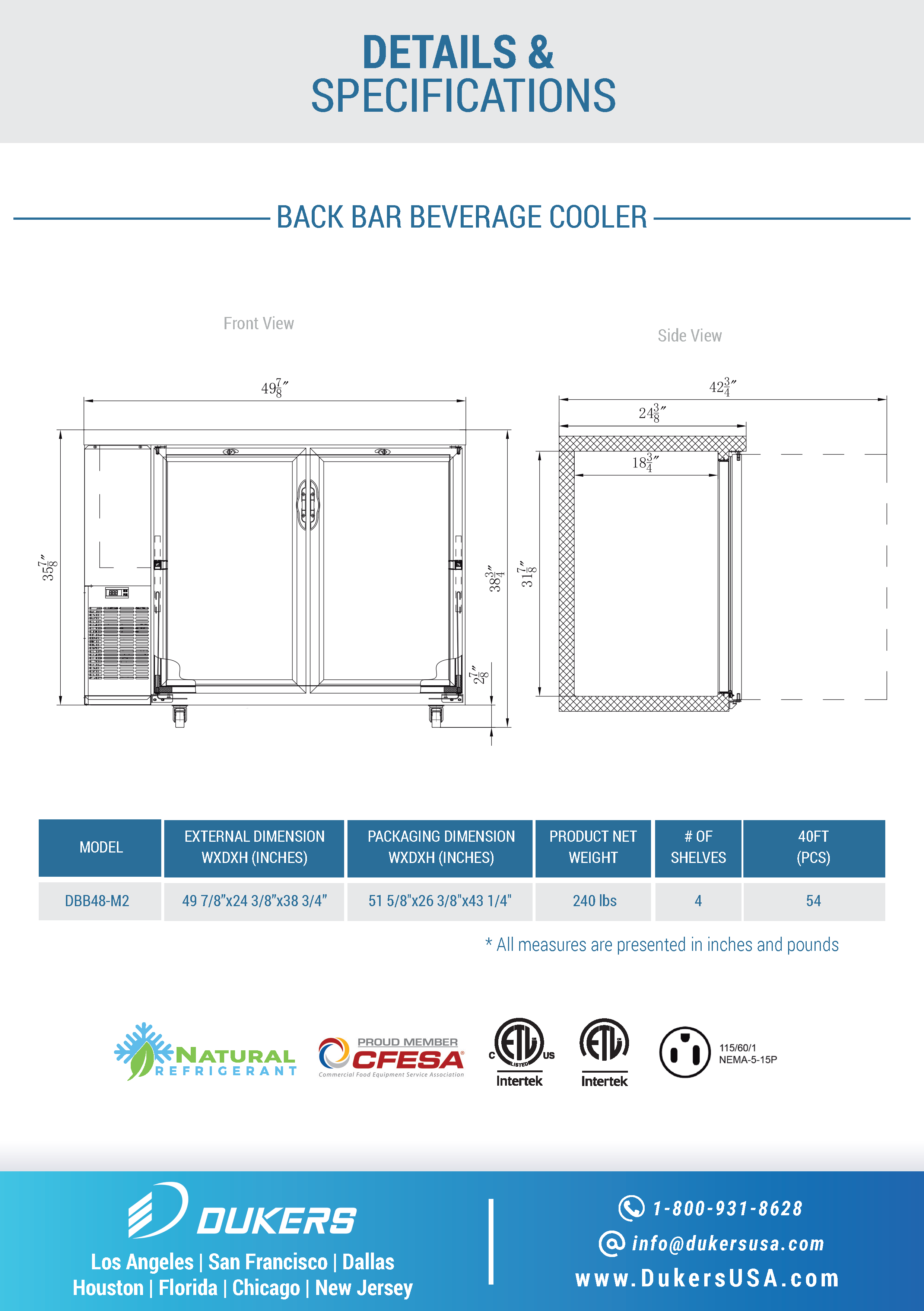 Dukers DBB48-M2 48"W 2 Door Solid Door Back Bar Beverage Cooler