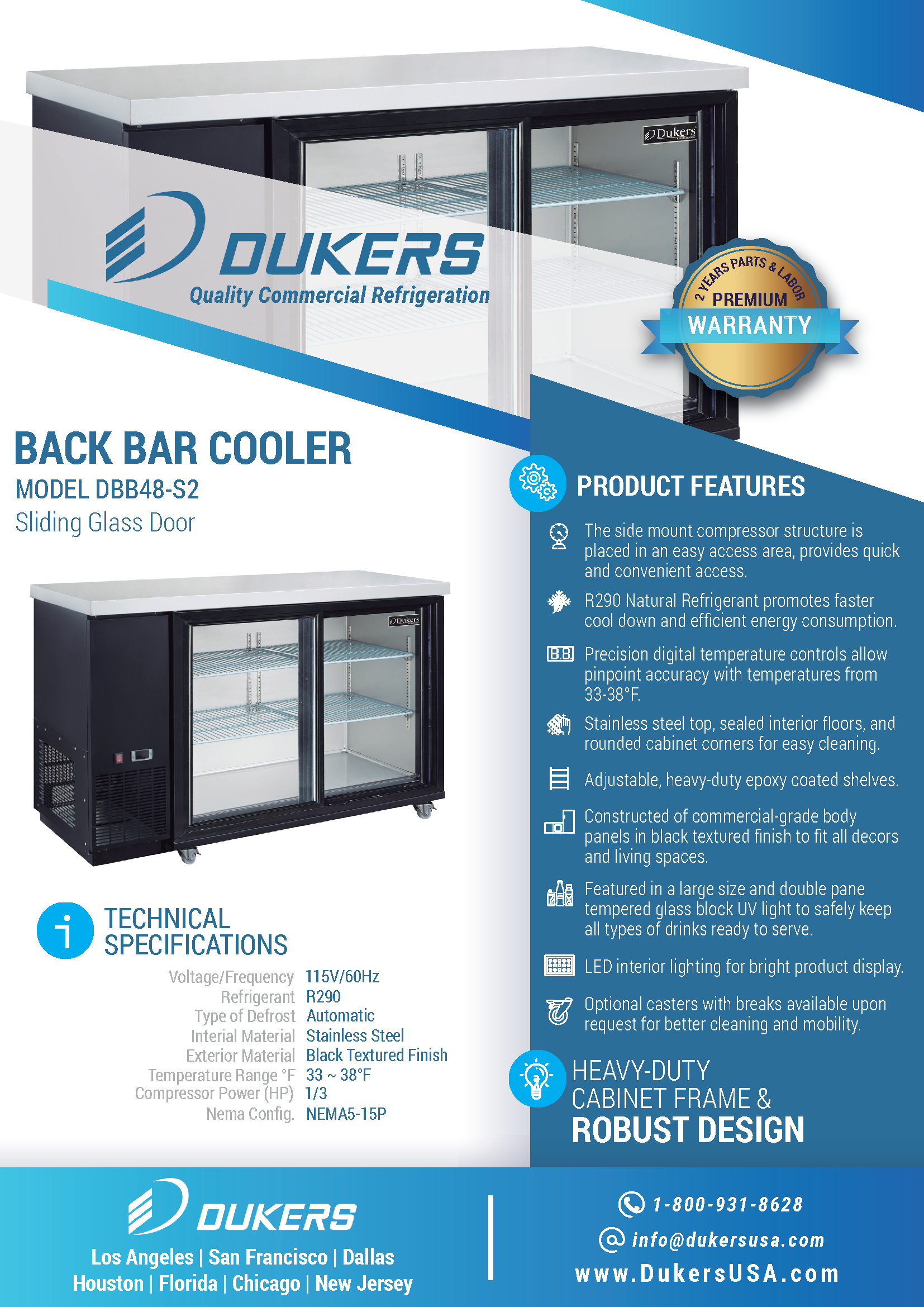 Dukers DBB48-S2 48"W 2 Door Sliding Glass Back Bar Beverage Cooler