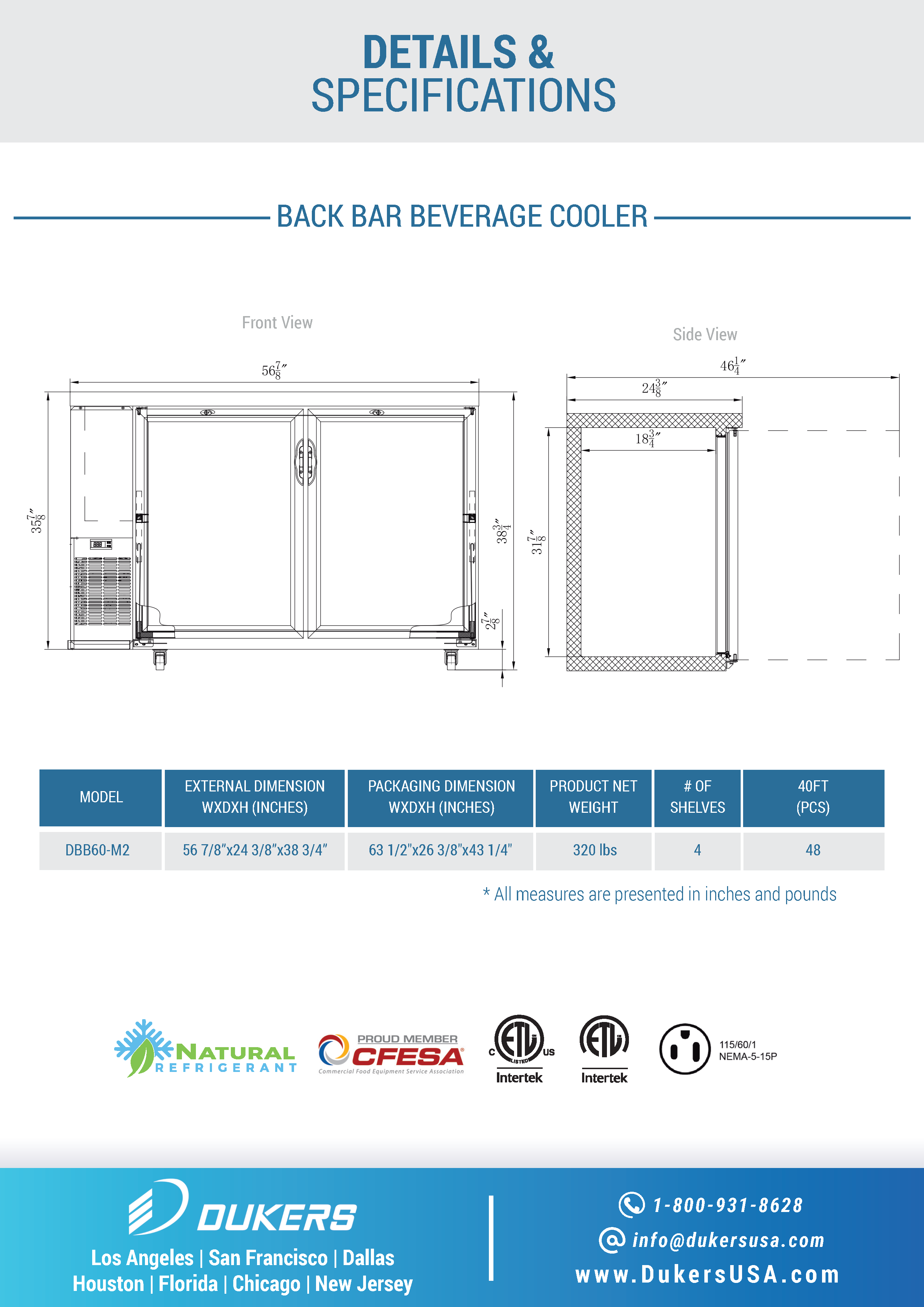 Dukers DBB60-M2 60"W 2 Door Solid Door Back Bar Beverage Cooler
