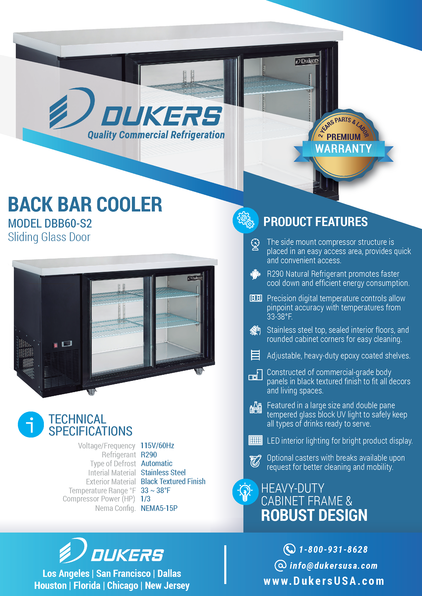 Dukers DBB60-S2 60"W 2 Door Sliding Glass Back Bar Beverage Cooler