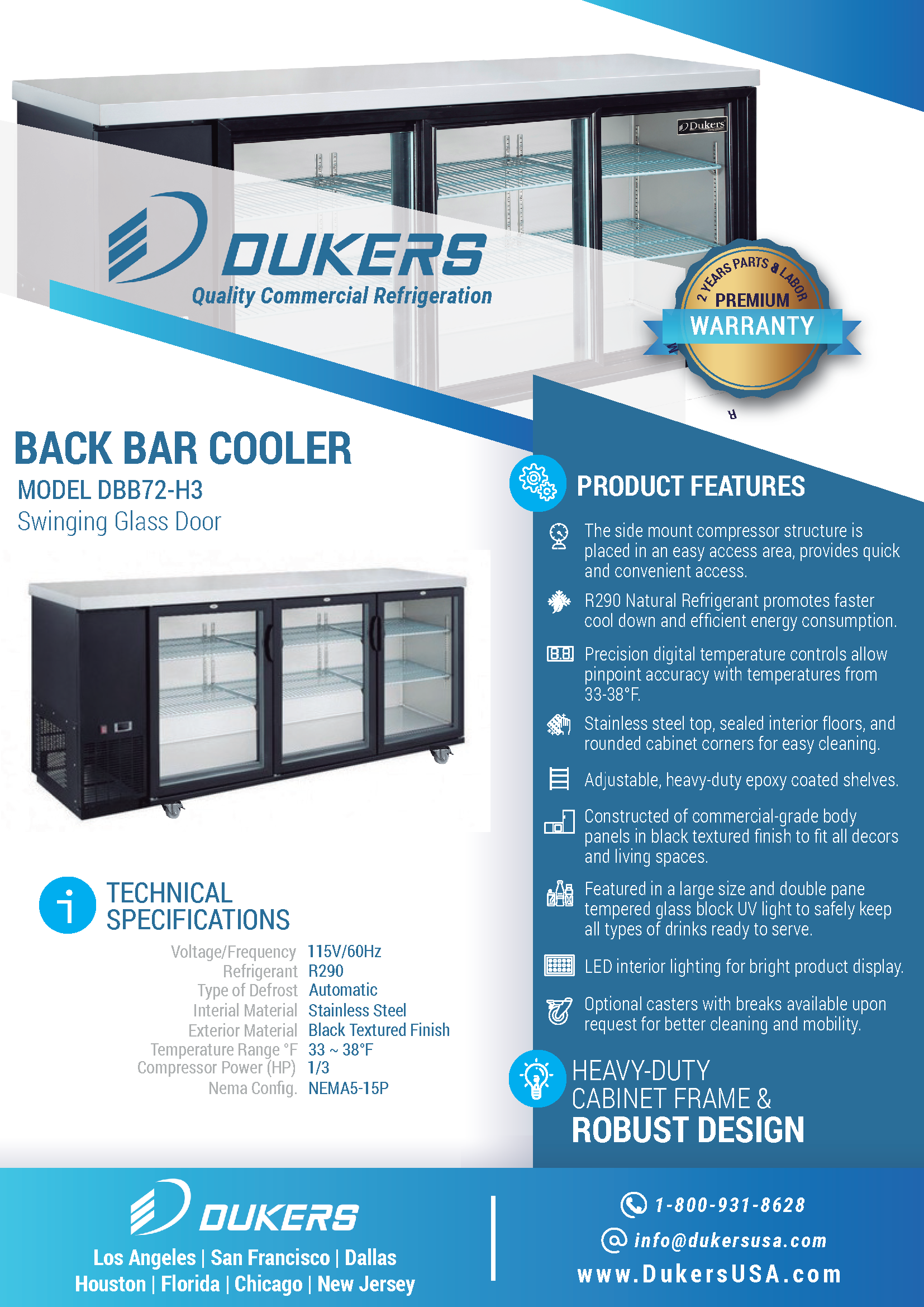 Dukers DBB72-H3 72"W 3 Door Hinged Glass Back Bar Beverage Cooler