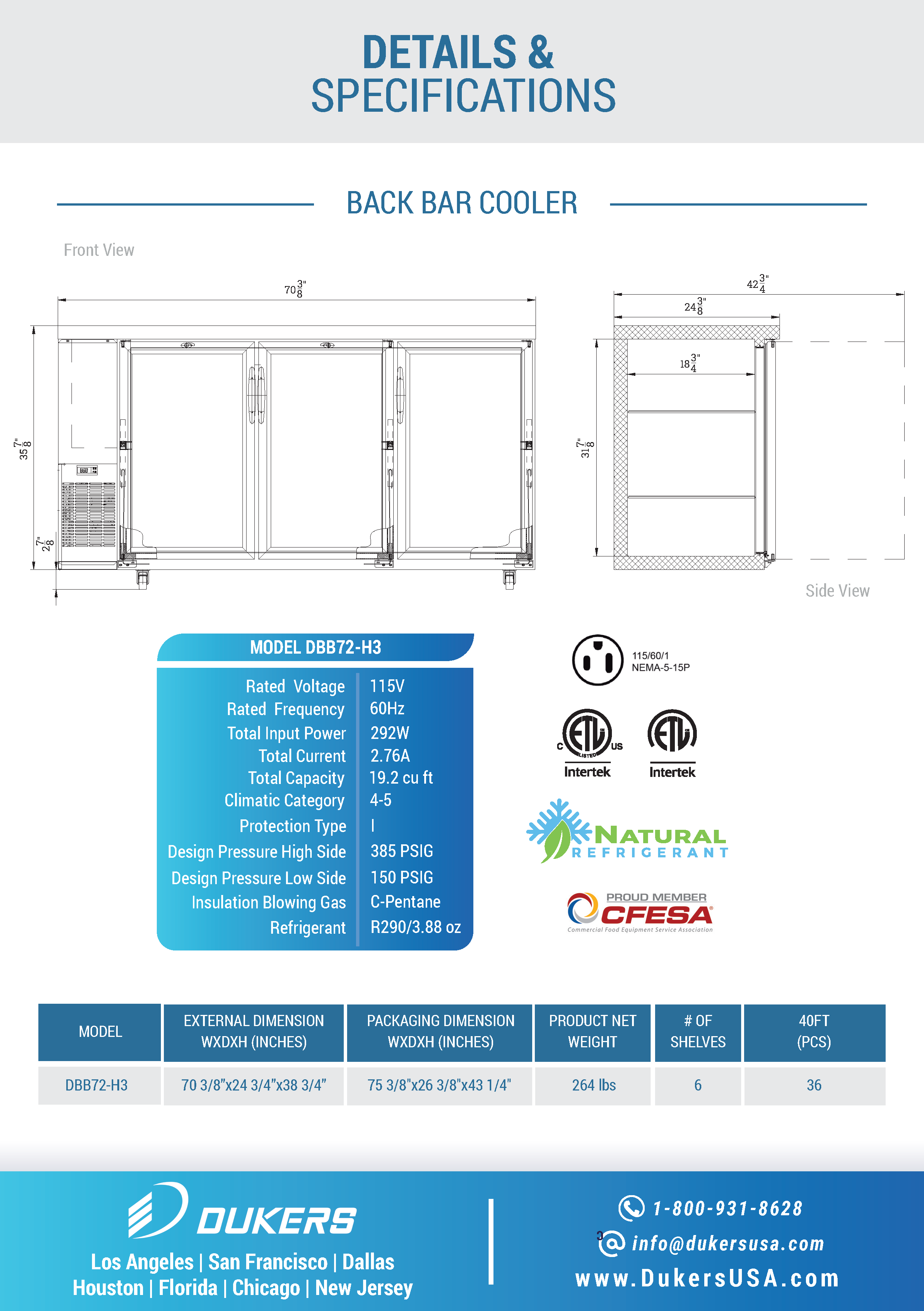 Dukers DBB72-H3 72"W 3 Door Hinged Glass Back Bar Beverage Cooler