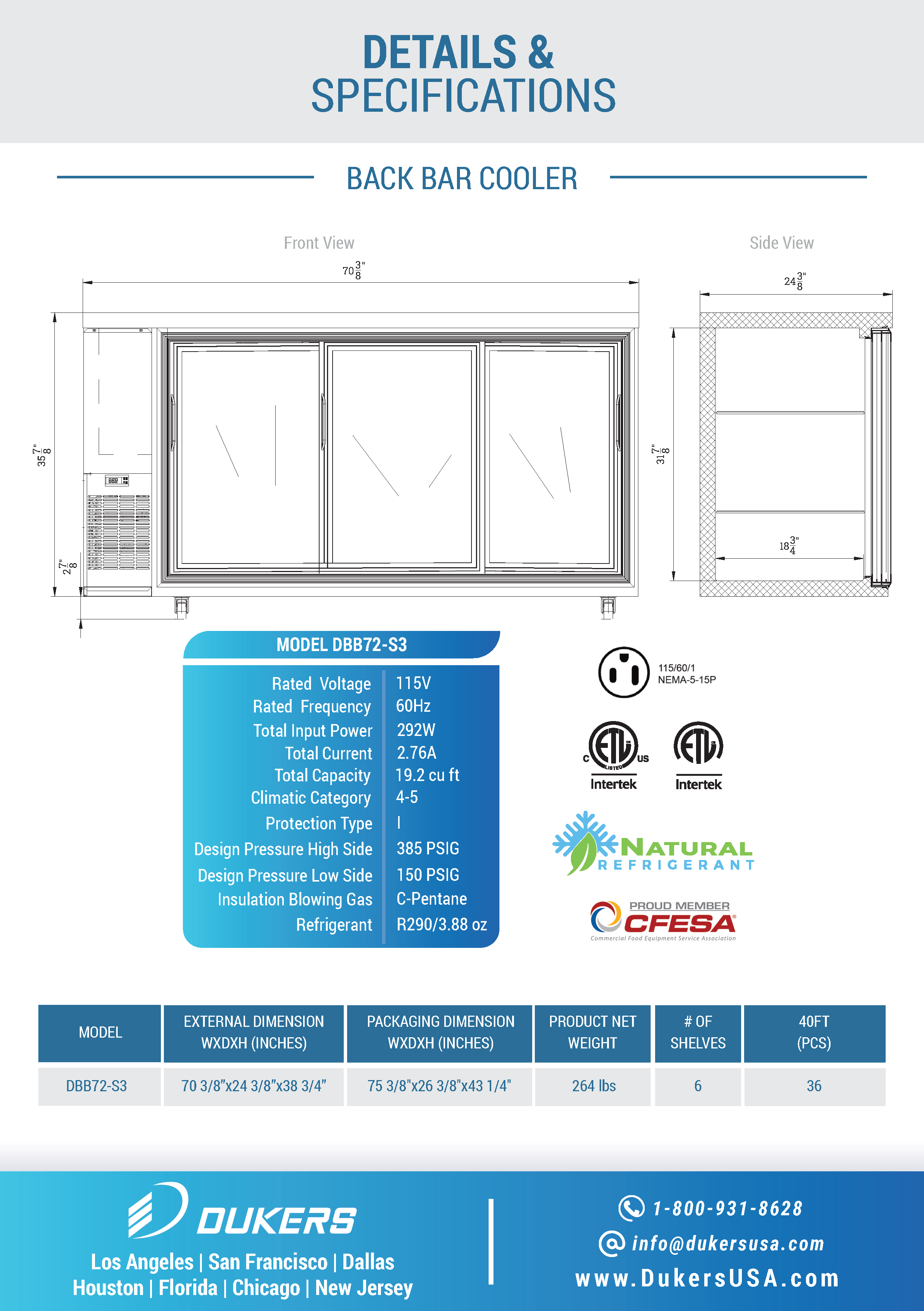 Dukers DBB72-S3 72"W 3 Door Sliding Glass Back Bar Beverage Cooler