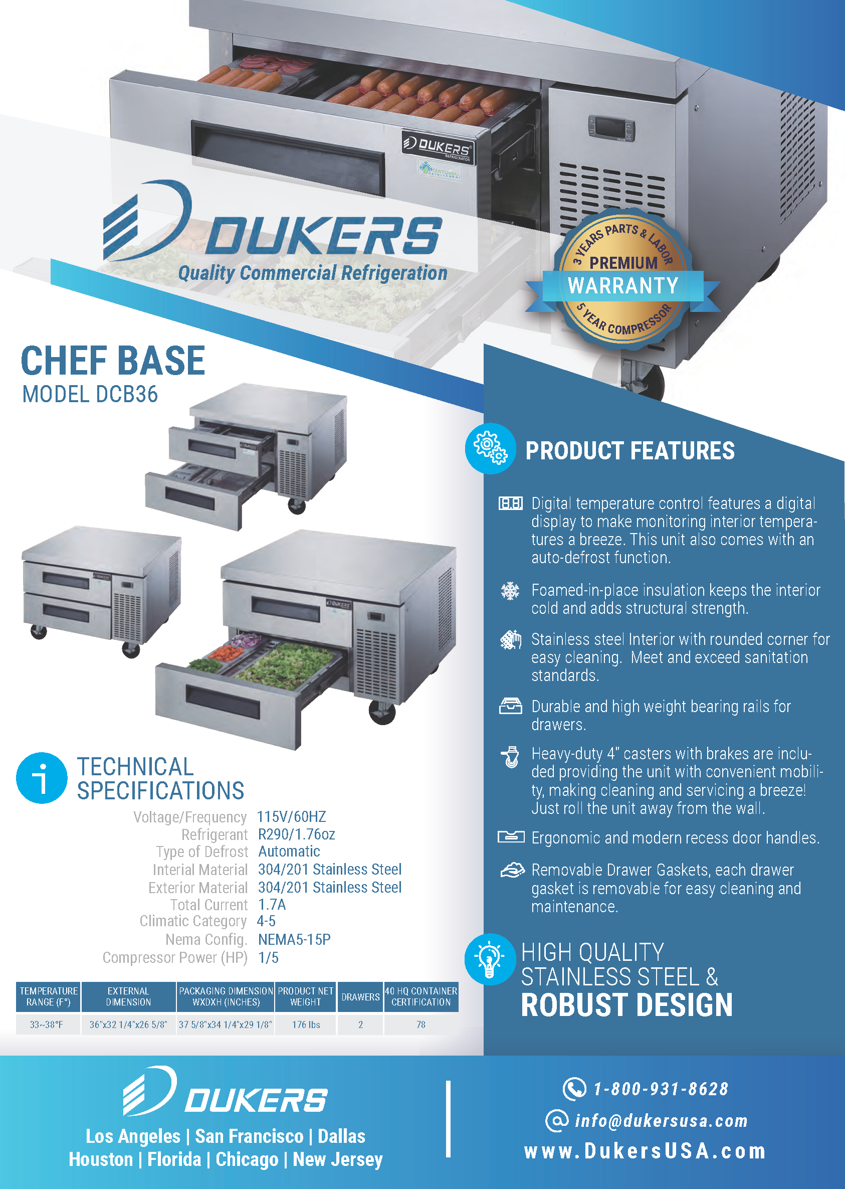 Dukers DCB36-D2 36"W Refrigerated Chef Base with 2 Drawers