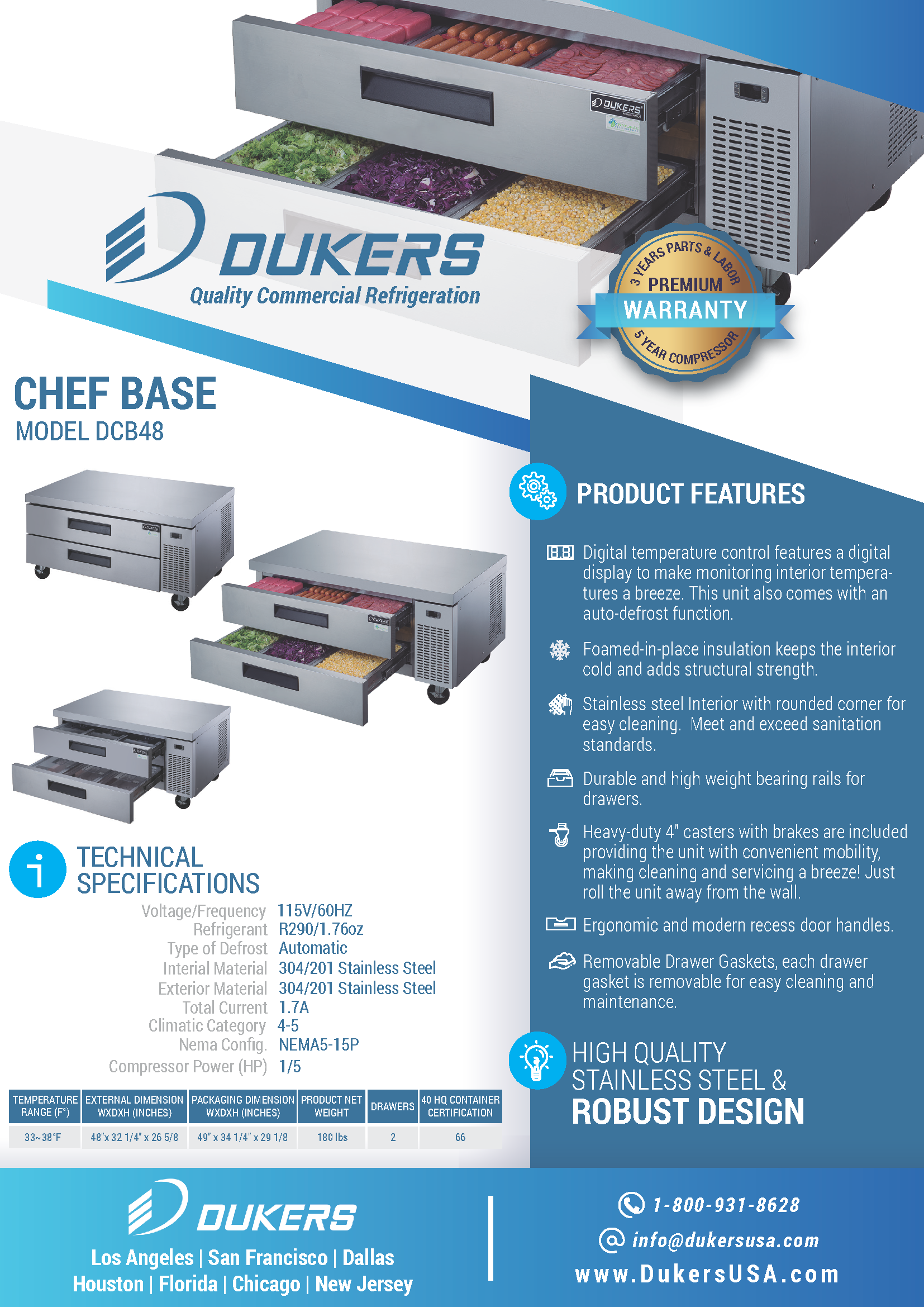 Dukers DCB48-D2 48"W Refrigerated Chef Base with 2 Drawers