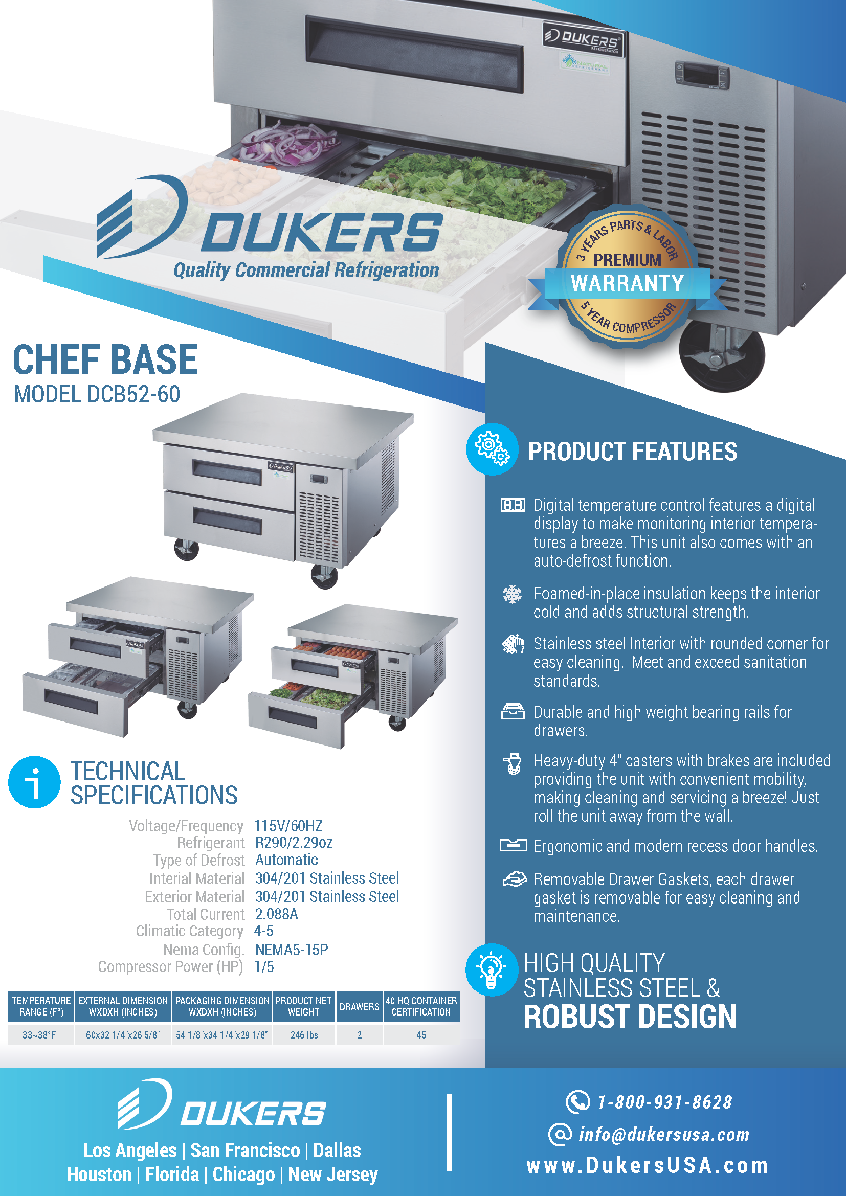 Dukers DCB52-60-D2 60"W Refrigerated Chef Base with 2 Drawers