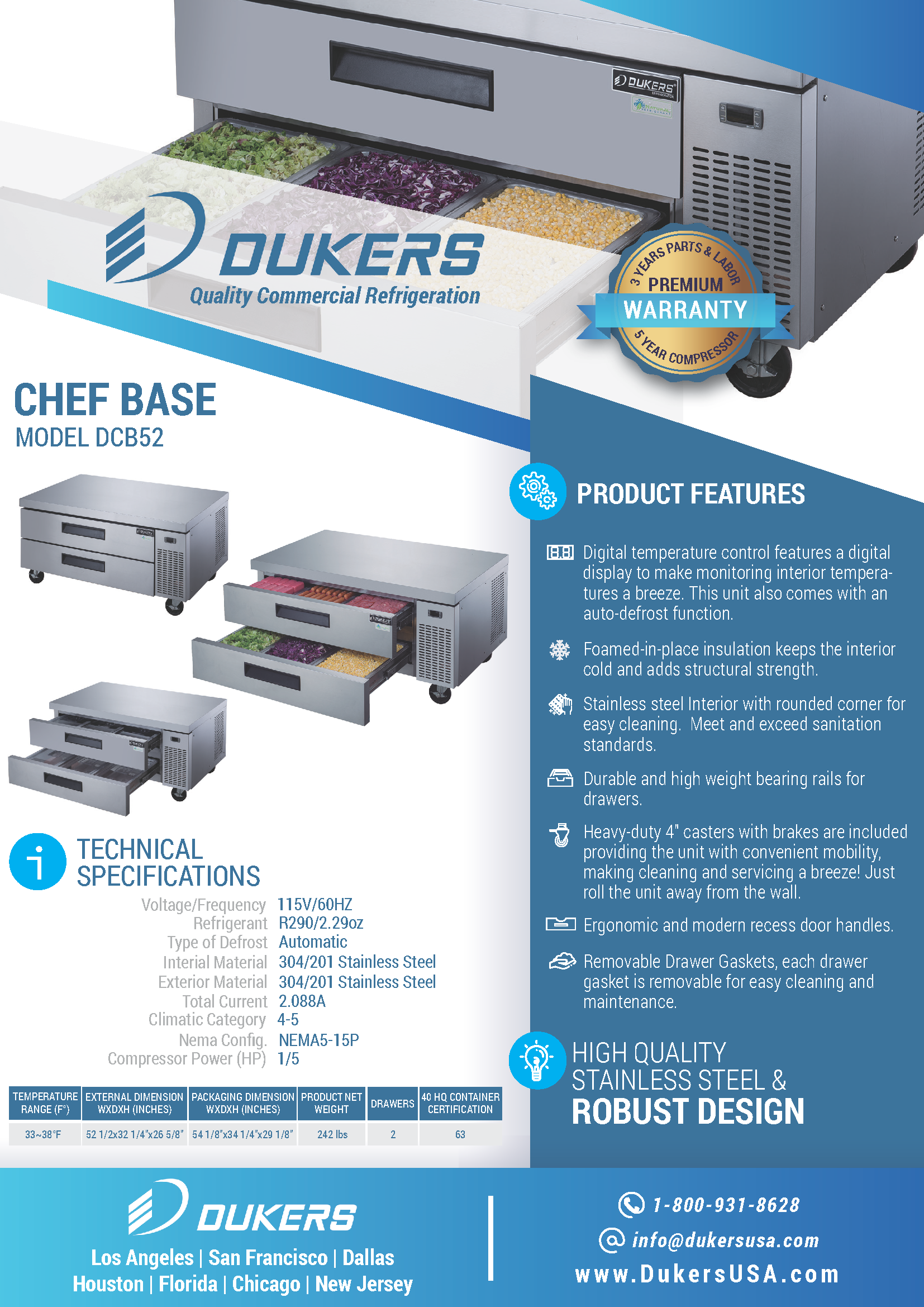Dukers DCB52-D2 52"W Refrigerated Chef Base with 2 Drawers