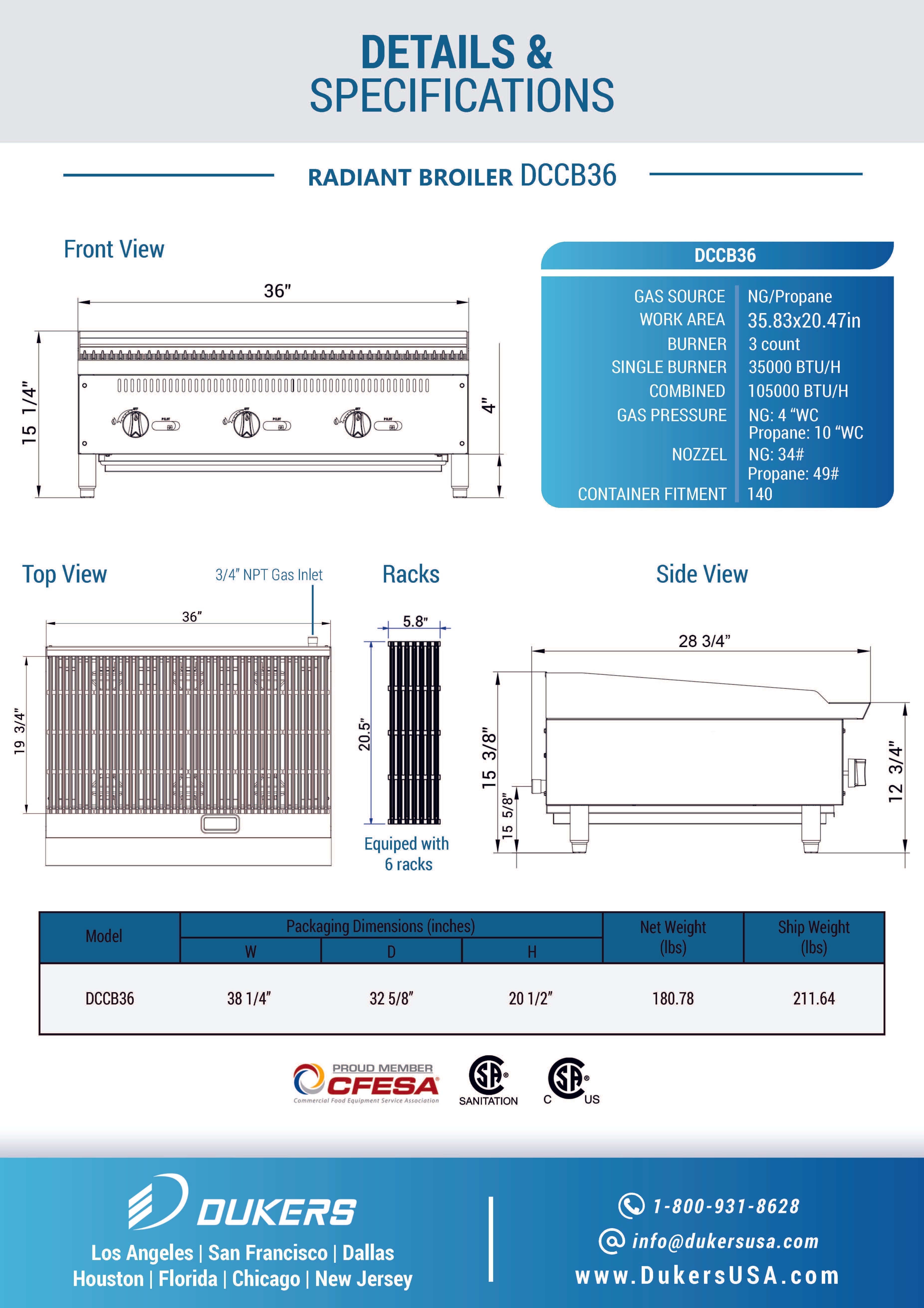 Dukers DCCB36 - 36"W NG/LP Radiant Countertop Charbroiler