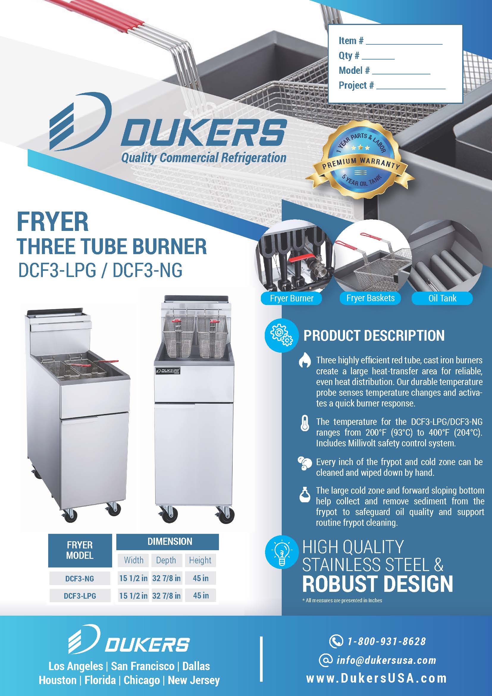 Dukers DCF3-LPG 15-1/2"W 90K BTU LP Liquid Propane Fryer with 3 Tube Burners
