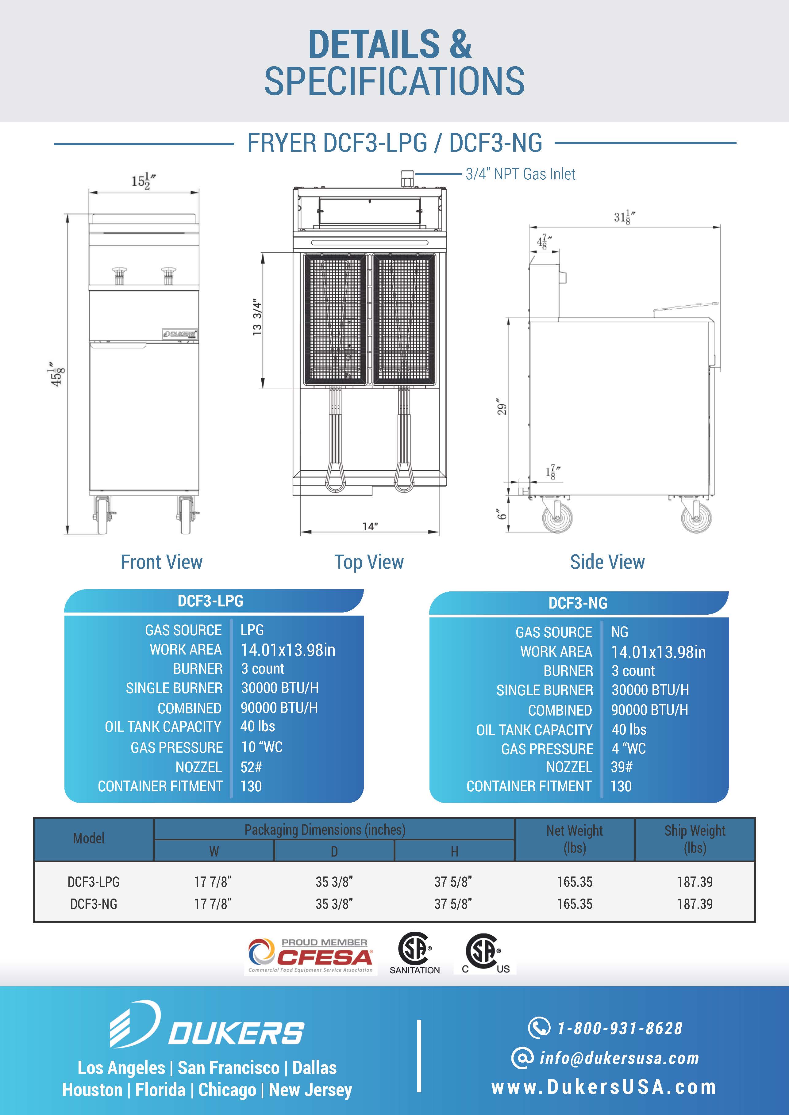 Dukers DCF3-NG 15-1/2"W 90K BTU NG Natural Gas Fryer with 3 Tube Burners