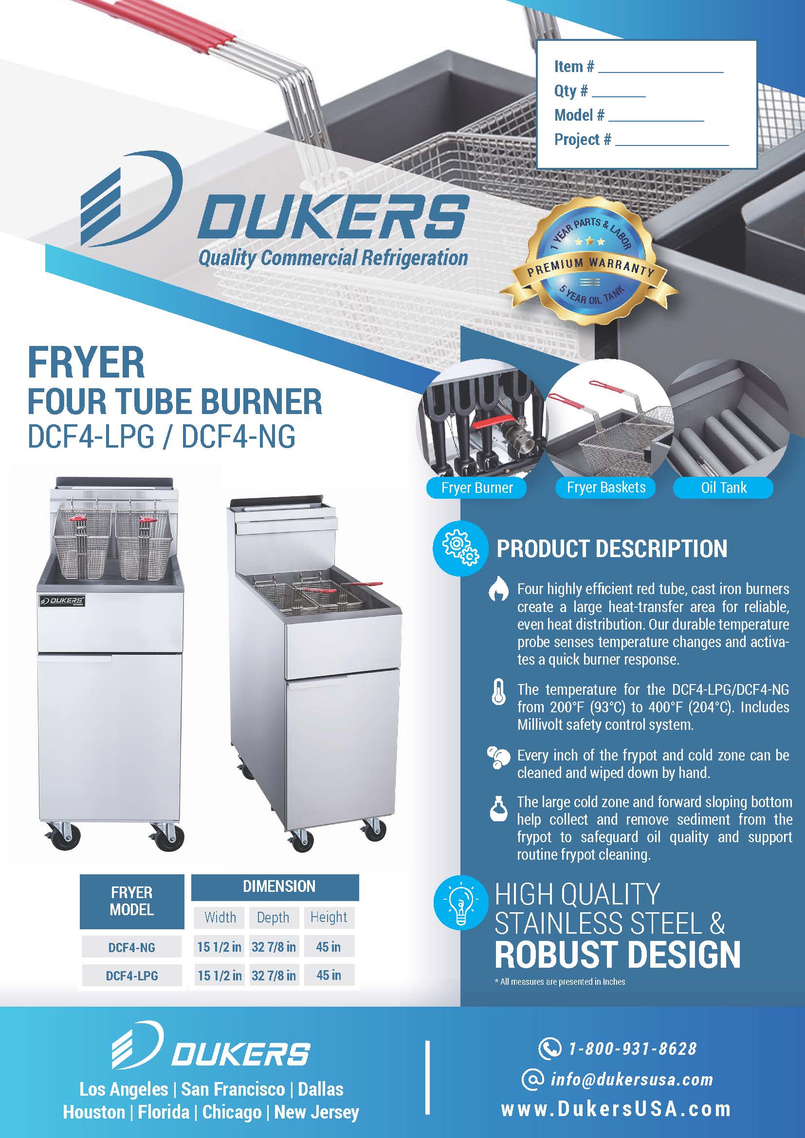 Dukers DCF4-LPG 15-1/2"W 120K BTU LP Liquid Propane Fryer with 4 Tube Burners