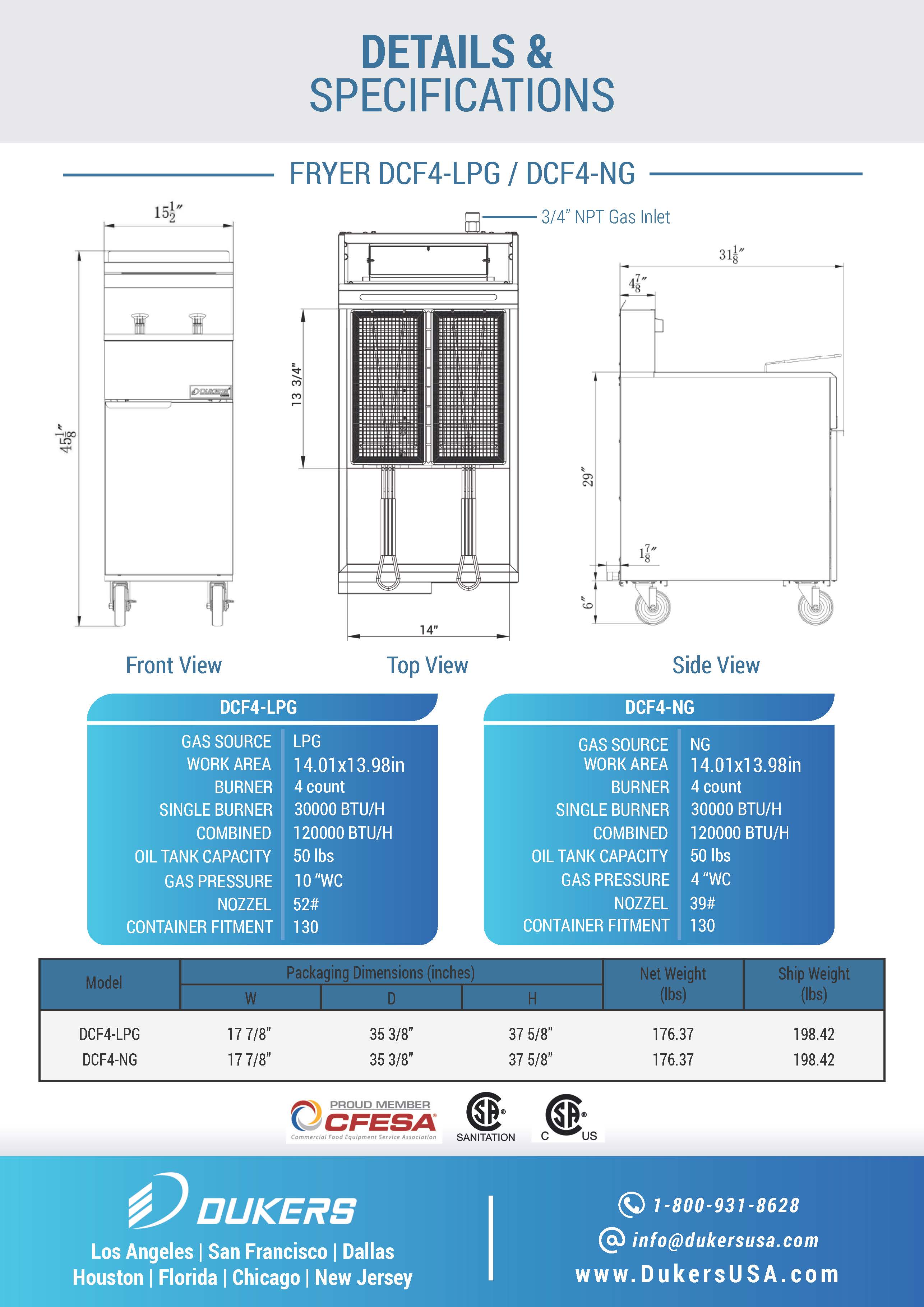 Dukers DCF4-NG 15-1/2"W 120K BTU NG Natural Gas Fryer with 4 Tube Burners